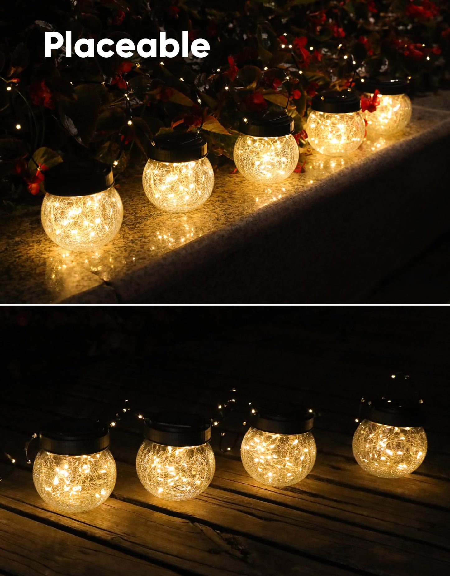 PARTPHONER Solar Lanterns Solar Lights Outdoor Waterproof 6-Pack, Solar Powered Hanging Lights Cracked Glass Hanging Globes for Christmas Decoration, Shepherd Hook, Garden Tree Ornaments