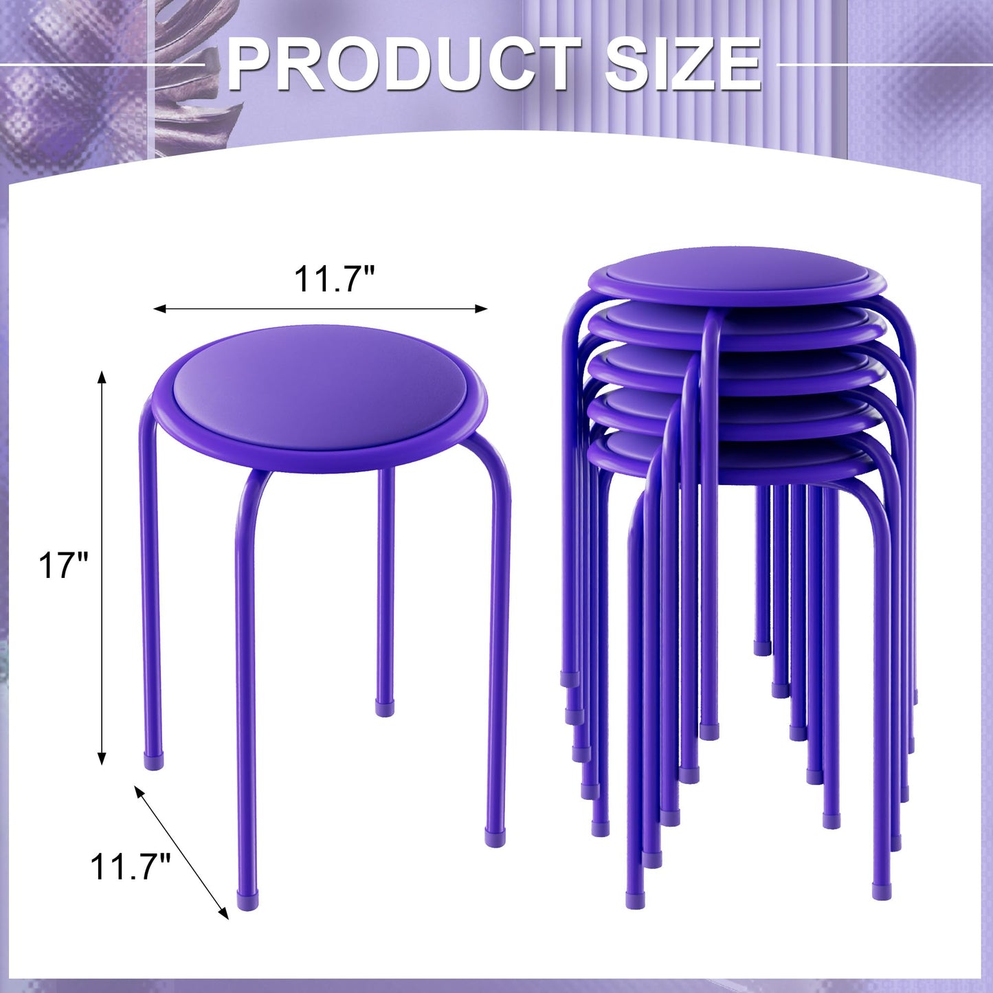 VECELO 6-Piece Stacking Stools, 17 Inch Standard Height, Padded Seat & Steel Legs, Portable Stackable Decoration Stools for School Classroom and Office Use, Purple
