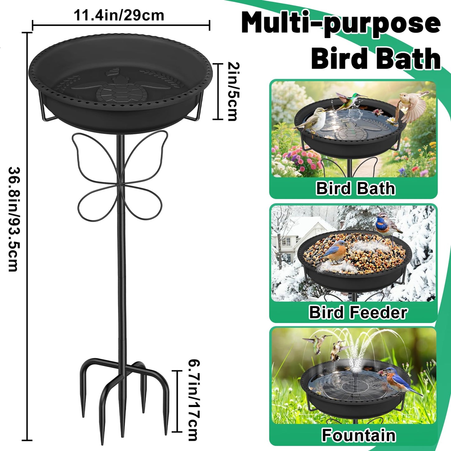 YOADEHOA Bird 37In Bath for Outside with Removable Bowl Metal Base, Freestanding Rust-Proof Birdbaths & Birdfeeder, Bird Baths Feeder Bowl for Outdoors Garden Patio Yard Lawn Decor (Black)