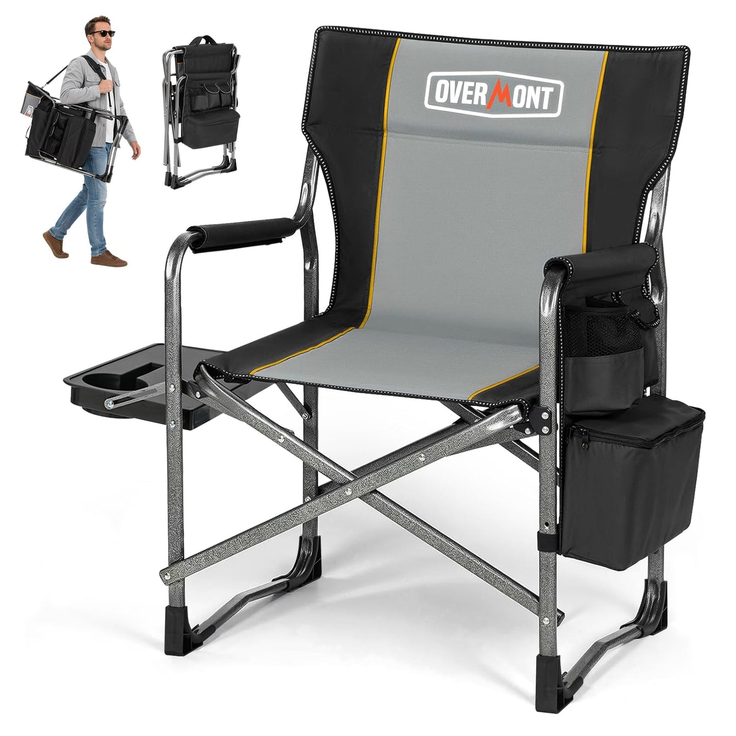 Overmont Oversized Lightweight Camping Chair - Portable Comfortable Heavy Duty Foldable Directors Chairs with Side Table & Cooler Bag for Outside Camp Beach Picnic Lawn and Fishing Supports 400lbs