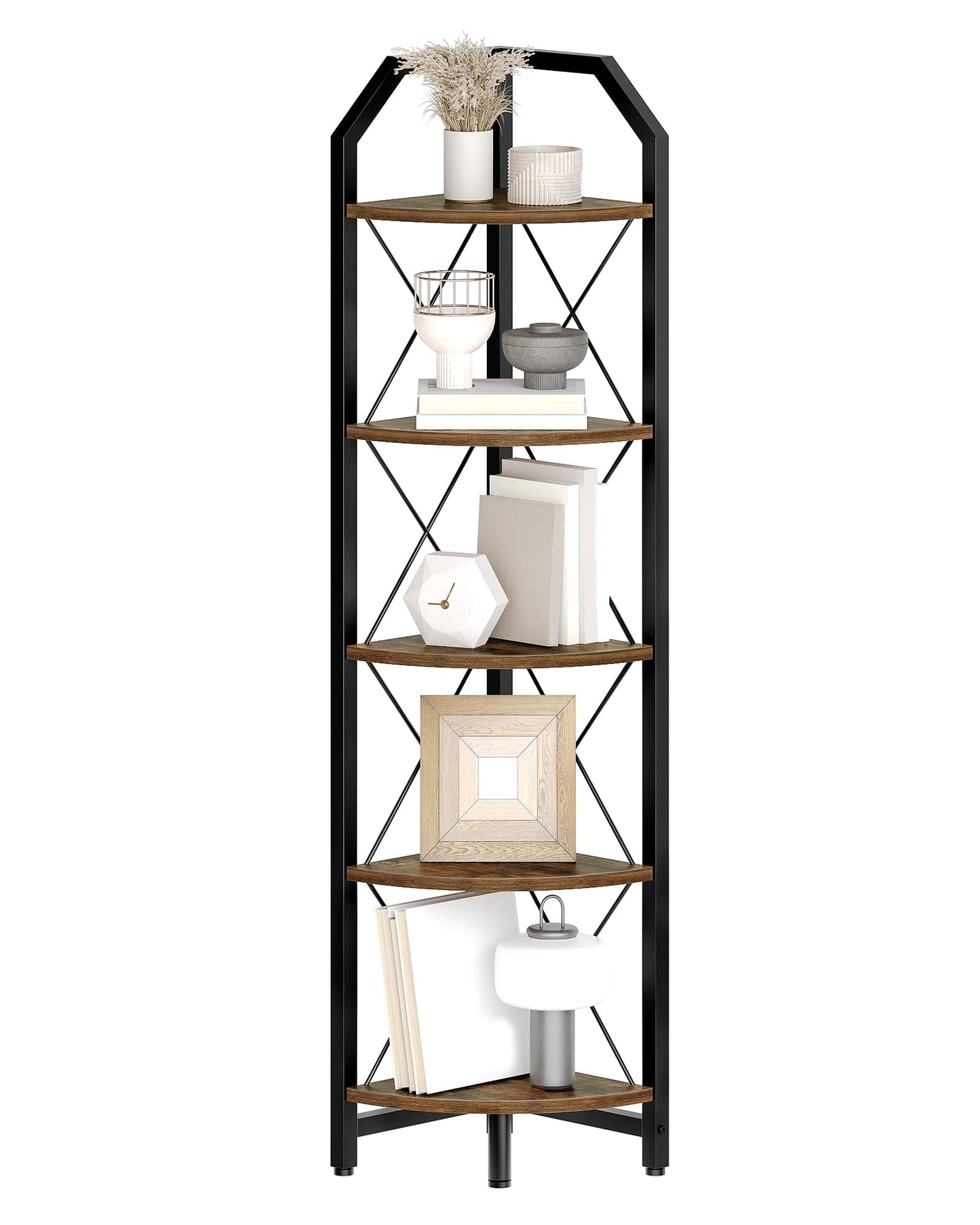 CHOEZON 59.4" Corner Shelf, 5-Tier Industrial Corner Bookshelf, Corner Storage Stand, Plant Stand Display Shelf, Bookcase for Bedroom, Living Room, Home Office, Rustic Brown and Black TCJ10BF