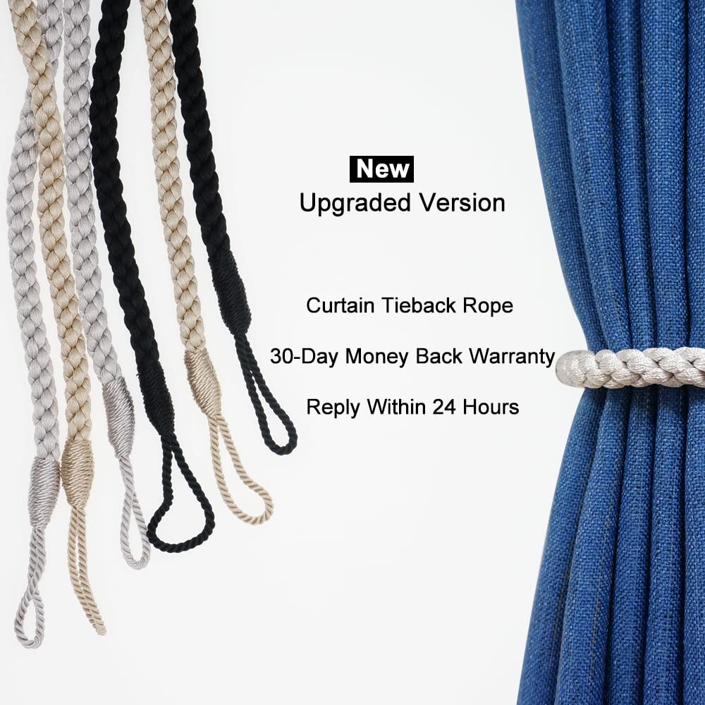 Hiastra Curtain Tiebacks Ropes, 2pcs Decorative Handmade Tie Backs Curtain Holdbacks Holders Cord for Window Sheer Drapes Indoor Outdoor, Grey