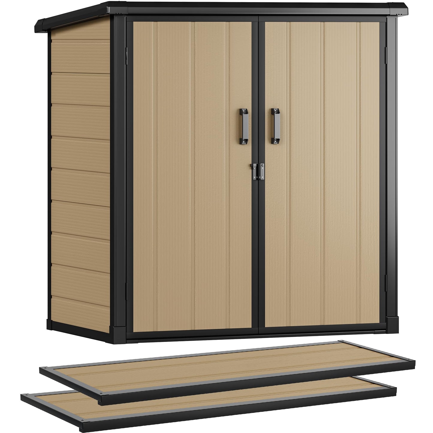 DWVO 54 cuft Outdoor Storage Shed with 2 Shelves, 4.2x2.6x5ft Vertical Tool Shed with Floor & Lockable Doors, Sturdy Double-Wall Plastic Cabinet for Garbage Cans and Garden Equipment (Brown)