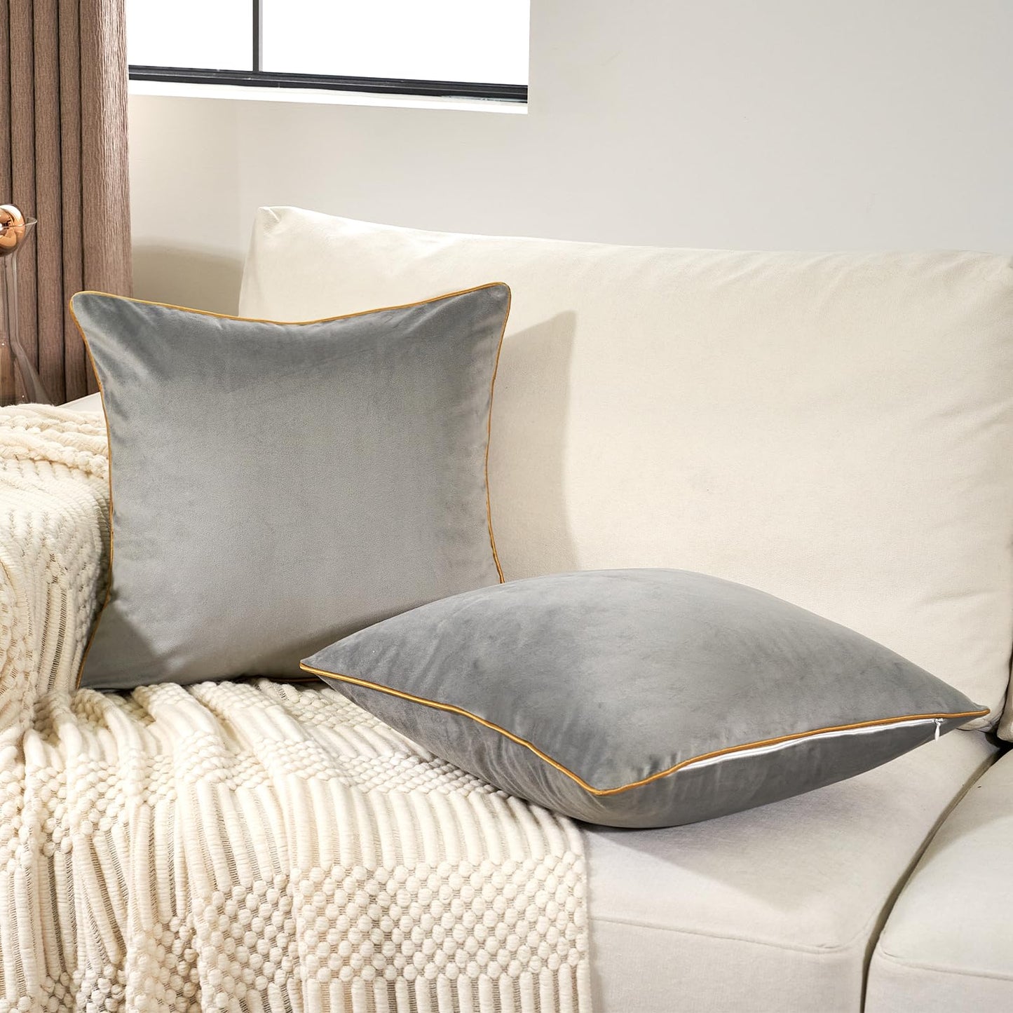 Aeckself Pack of 2 Gray Velvet Pillow Covers 18 x 18 Inch, Modern Luxury Decorative Pillowcase with Gold Trim Edge, Comfortable Soft Solid Cushion Case for Couch Bedroom Living Room