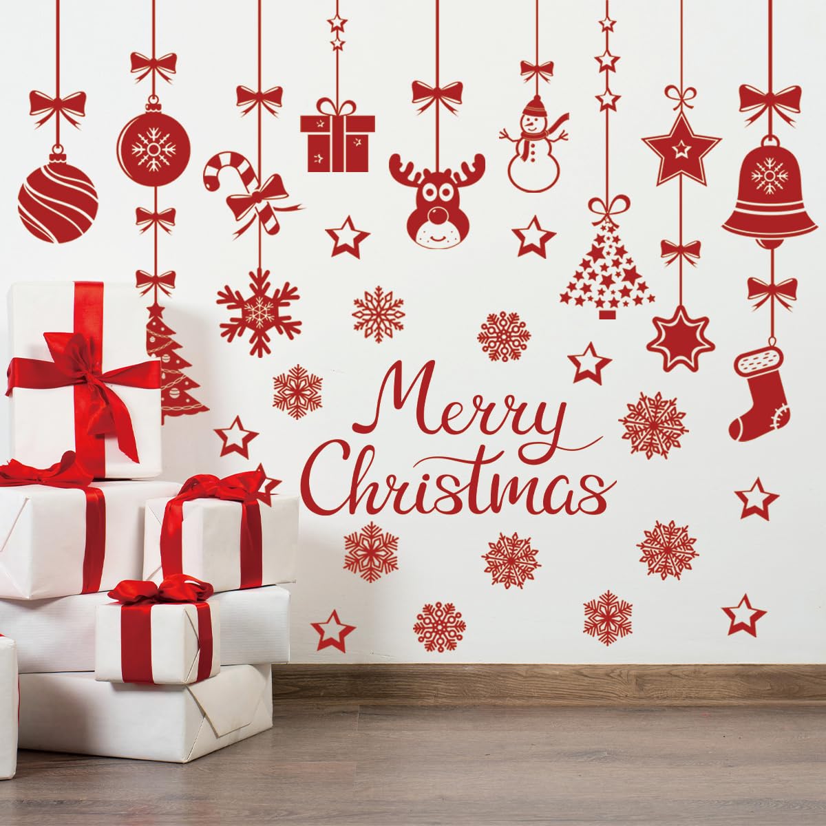 48.42 x 43.31 Inch Merry Christmas Wall Decal Christmas Light Ball Snowflake Deer Wall Sticker Decor for Xmas Holiday Party Supplies Home Wall Decor