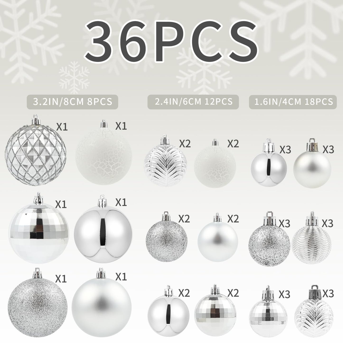 LANGXUN 36pcs Silver Christmas Tree Decorations Balls, Bolas De Navidad, 2025 Christmas Decor, Indoor Outdoor Shatterproof Christmas Ornaments, Xmars Party Wedding Suppiles