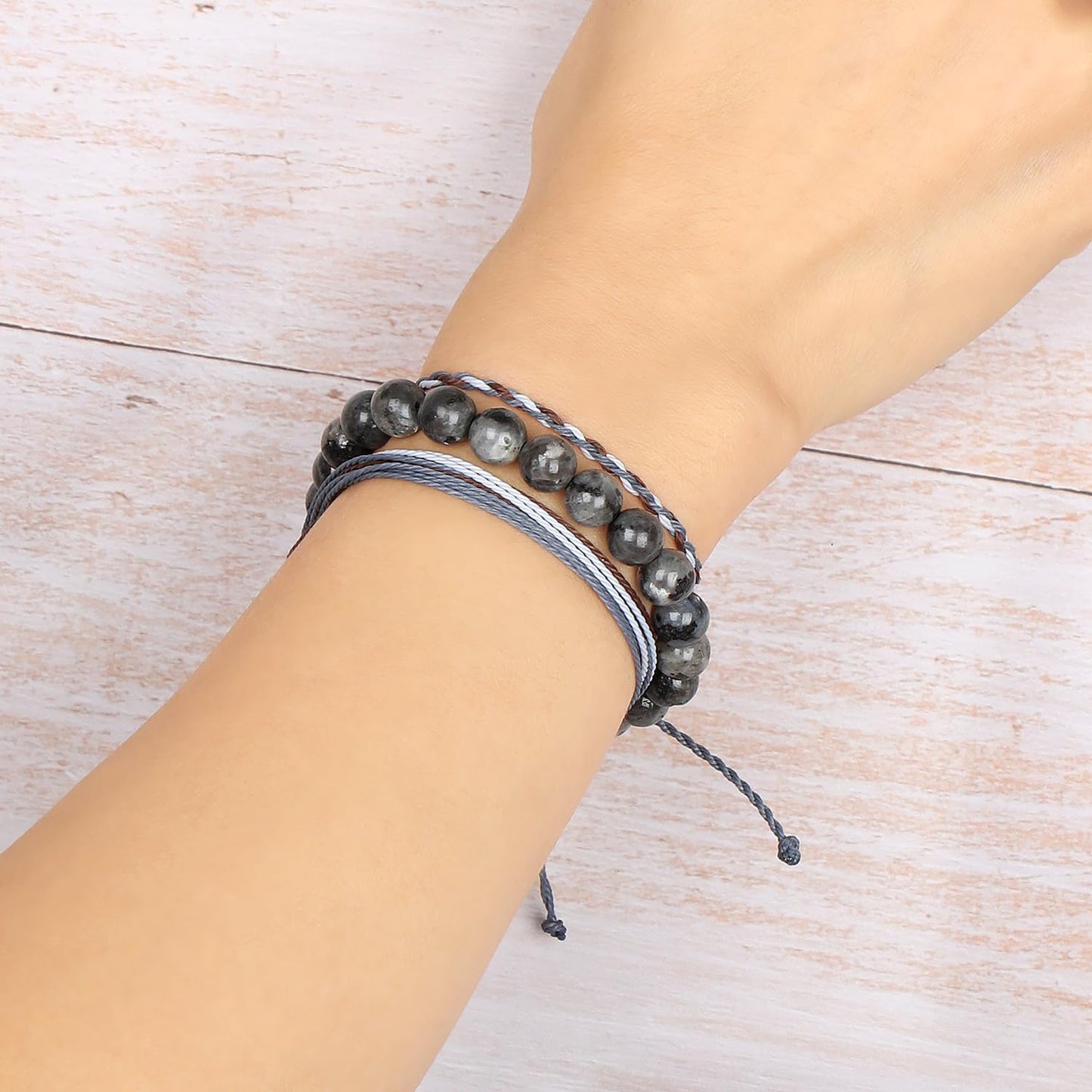 QOGIR Handmade Healing Bracelet,8mm Natural Black Larvikite Gem Stone Beads Bracelet,for Men Women Gifts with 2PCS Size Adjustable Rope Bracelets