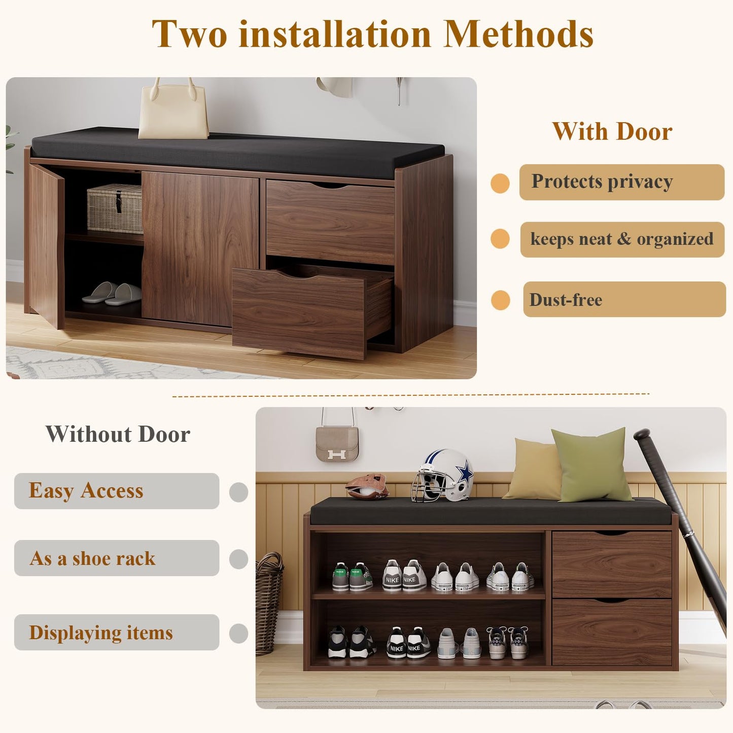 LVB 40” Entryway Storage Bench with Padded Seat Cushion, Wood Hidden Shoe Organizer Bench with 2 Drawers Cabinet, Industrial Shoe Bench for Foyer Entrance Living Bedroom, Walnut Oak, 40 inch