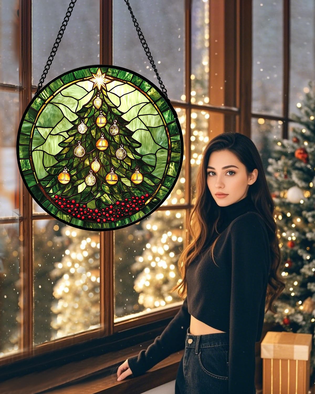 DASTOLL Stained Glass Window Hanging - Green Christmas Tree Golden Bells Suncatcher for Doors Home Christmas Decoration Sun Catcher Thanksgiving New Year Birthday Gift for Women Men Mom Nana 7.8 in