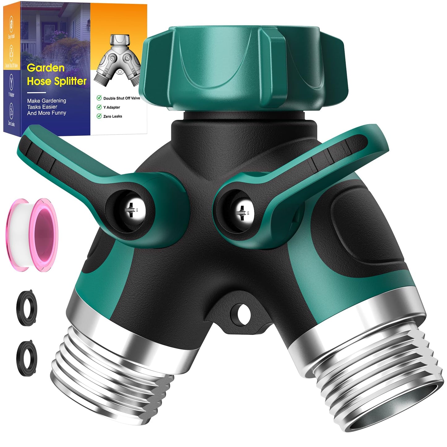 2 Way Garden Hose Splitter with Shut Off Valve,Water Spigot Splitter for 3/4" Hose Connector,Heavy Duty Metal Outdoor Faucet Splitter Y Connector for Garden Hose,with 3 Leakproof Washers & 1 tape
