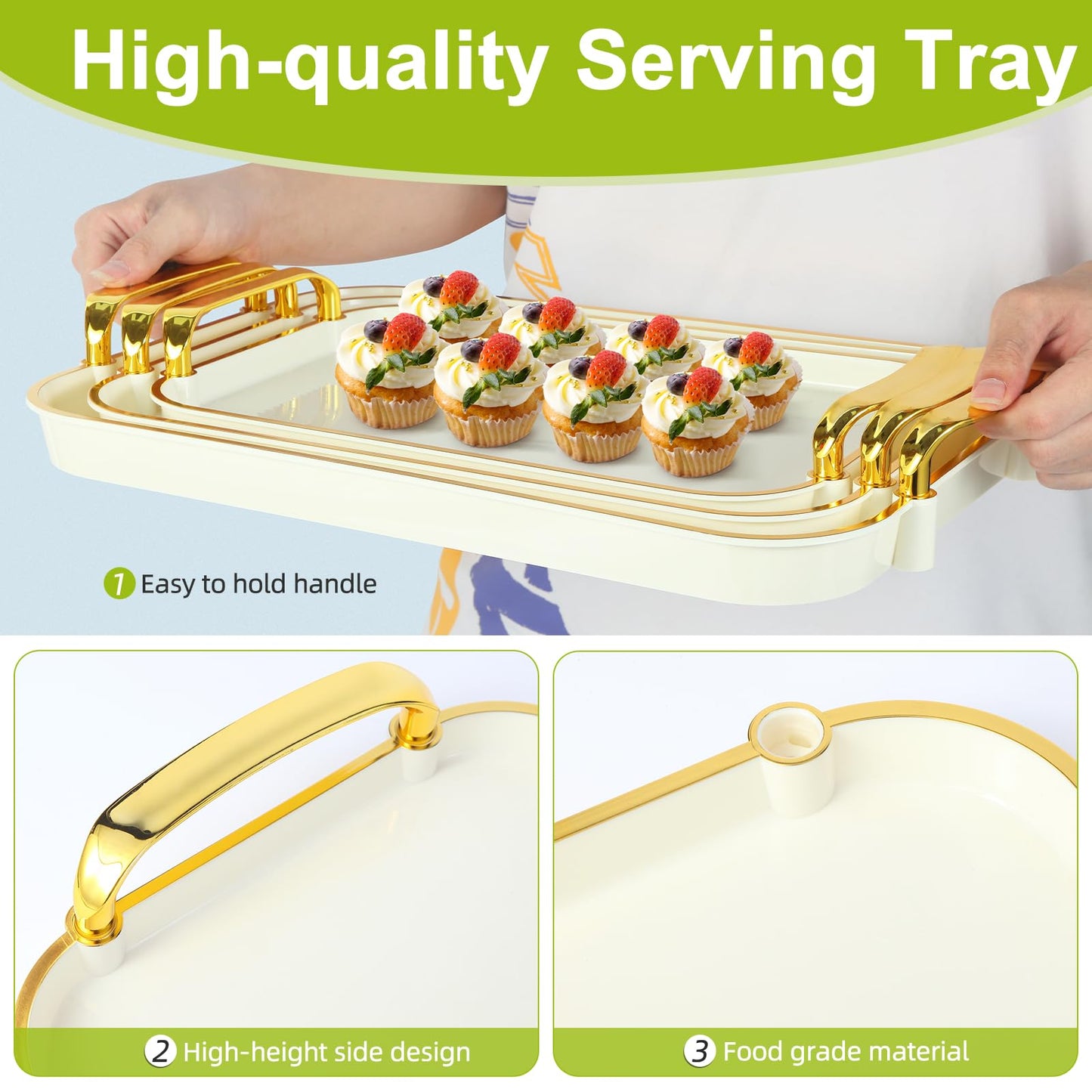 Zufudo 3 Pack Serving Tray with Handles, Stackable Reusable Trays for Serving Food, Plastic Serving Platters for Party, Charcuterie, Fruit, Appetizer, Cream Gold