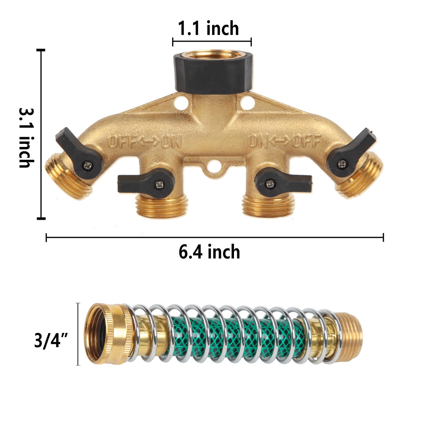 Heavy Duty Brass Garden Hose Splitter, 3/4" 4-Way "Y" Shut-Off Hose Connector Outlet Splitter Spigot Adapter with 2 Kink-Free Outdoor Faucet Extension Hose Protectors for House Lawn Patio Garden