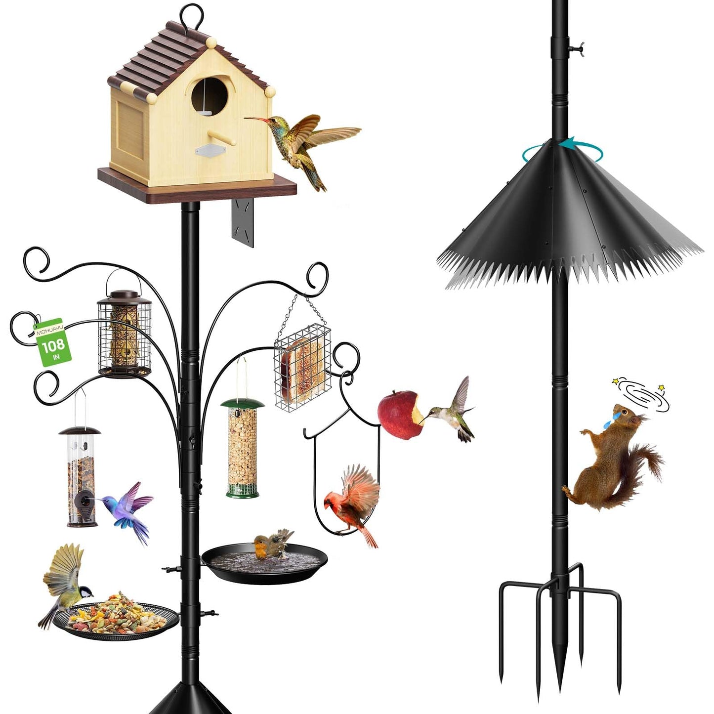 MQHUAYU 108 Inch Bird Feeder Pole Squirrel Proof, Heavy Duty Bird House Pole, Adjustable Bird Feeder Stand with 5 Shepherds Hooks, 2 Mental Trays, Hummingbird Swing