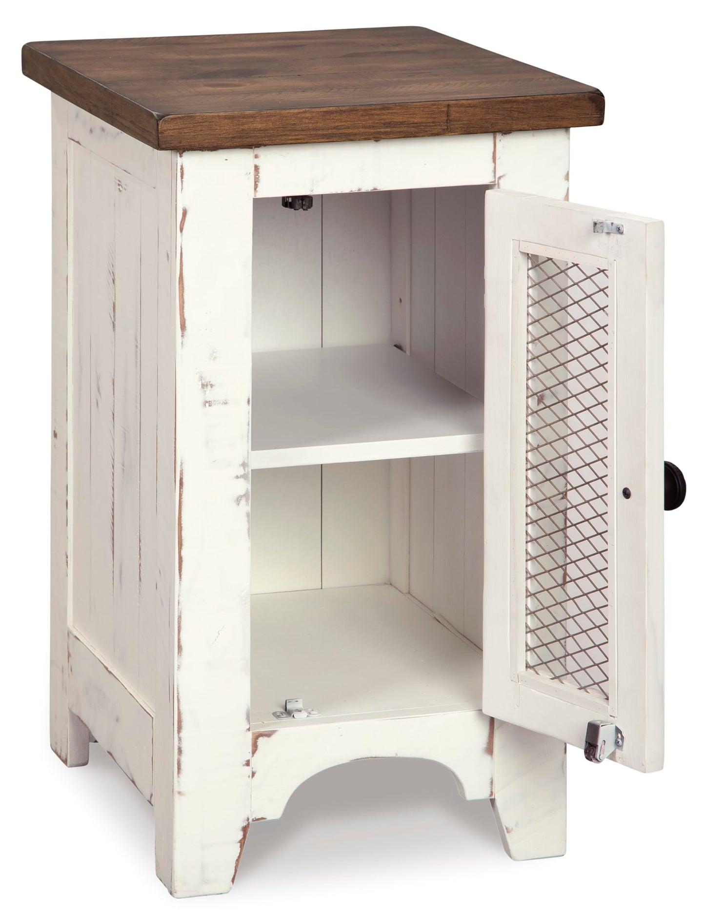 Signature Design by Ashley Wystfield Farmhouse Chair Side End Table with Cabinet Door for Storage, White & Brown with Distressed Finish
