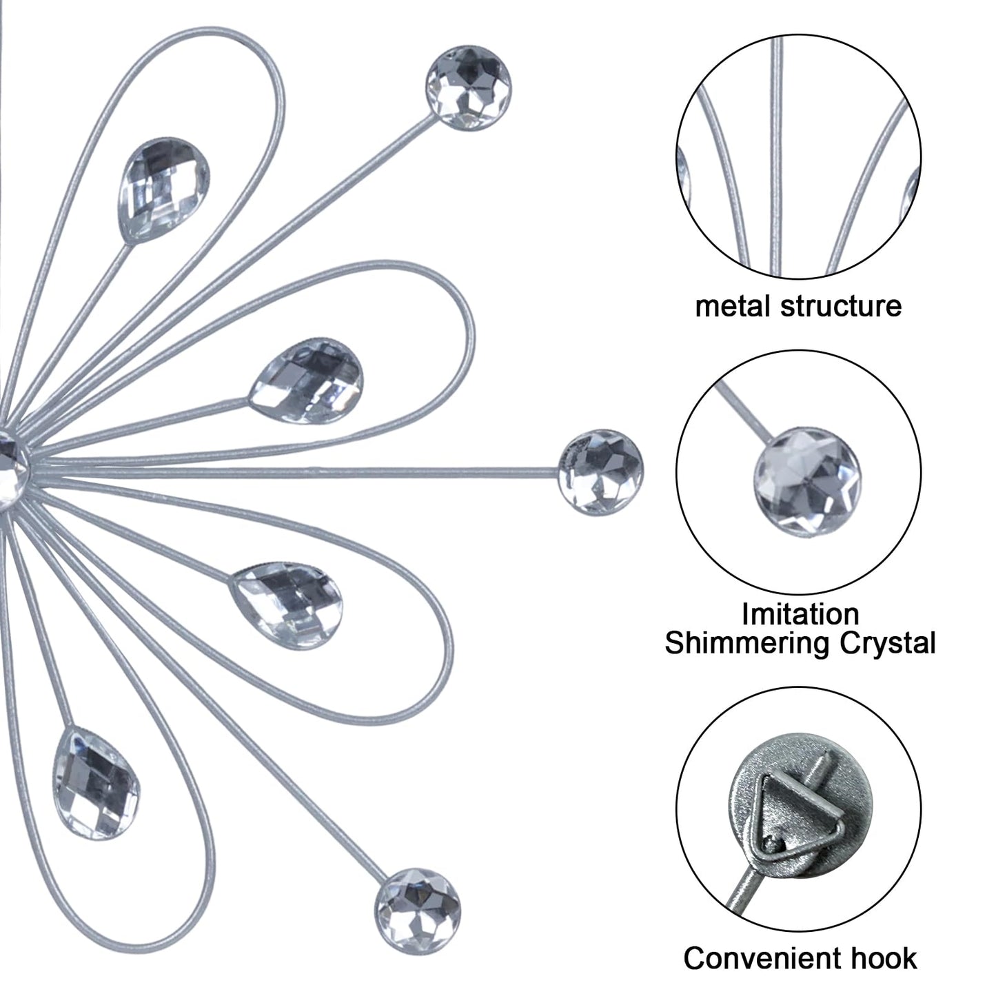 hogardeck Metal Flower Wall Decor, 11inch Silver Metal Jeweled Wall Art Bling Crystal Home Décor, Sun Burst Rhinestone Wall Hanging Diamond Accents for for Indoor, Outdoor, Living Room, Bedroom