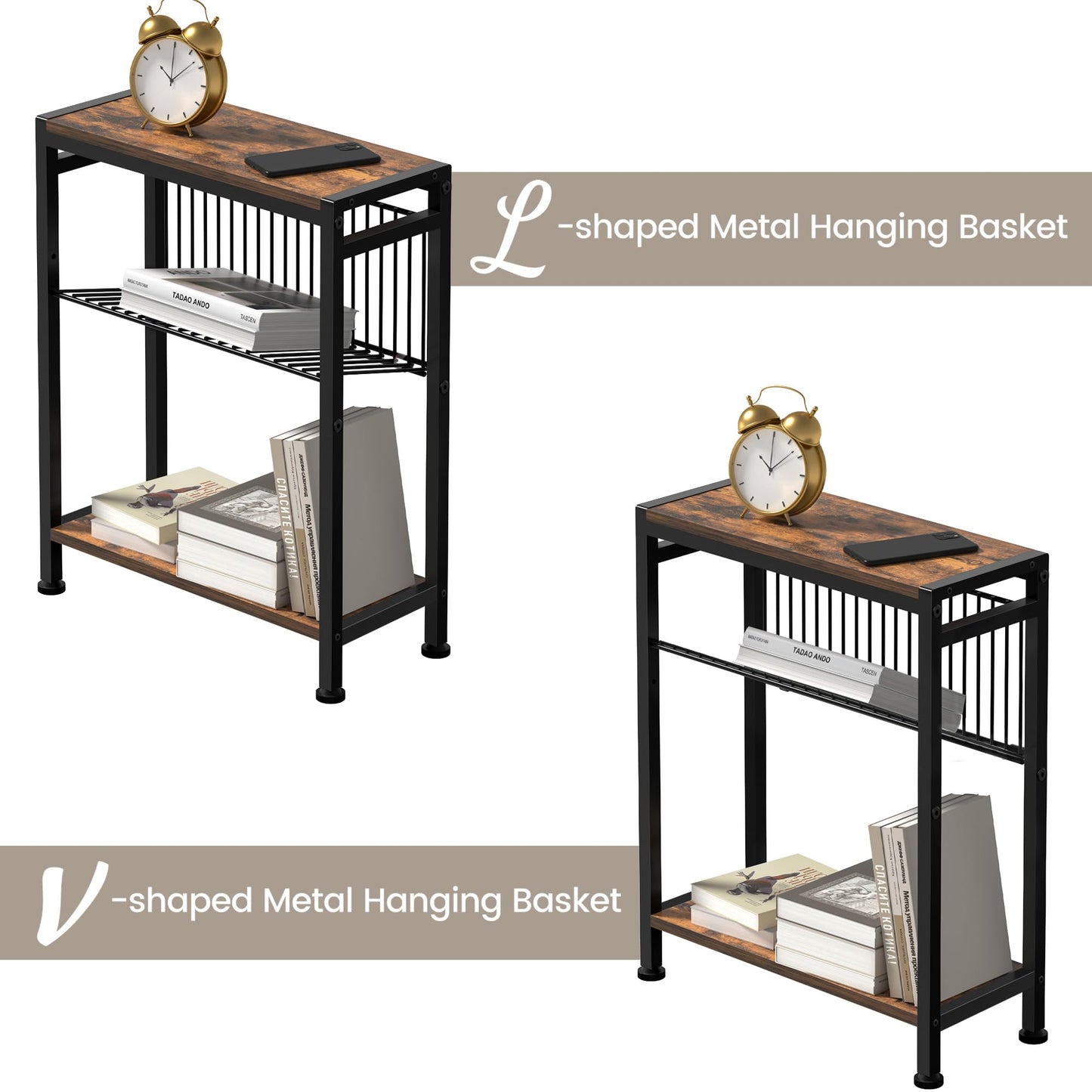 Homedawn Small Side Table for Small Space, 3-Tier Narrow End Table with Magazine Holder,Slim Nightstand, Skinny Snack Couch Table in Living Room, Bedroom Study and Balcony (Rustic Brown &Black)