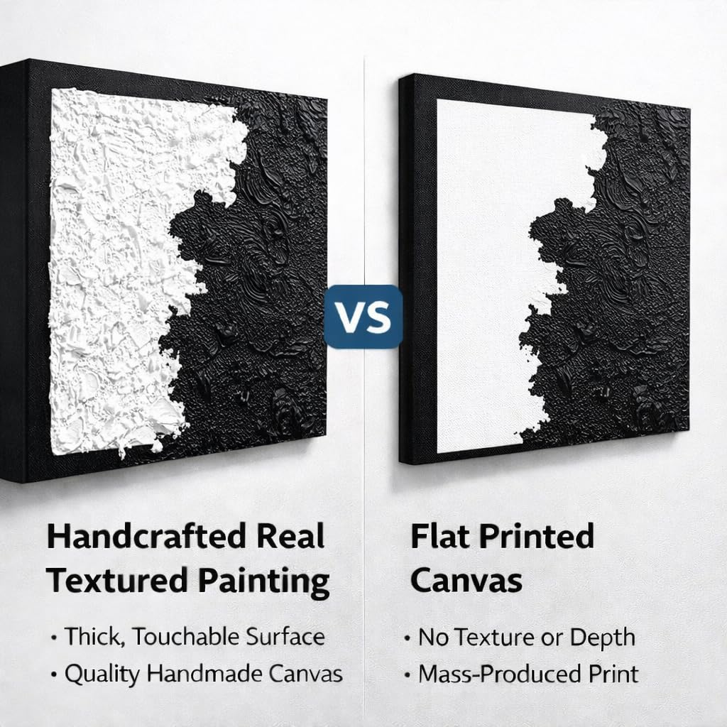 HONGRUIFAN Handmade Textured Canvas Wall Art 24x24 Inches, Black and White Abstract Art, Handcrafted Cotton Canvas, Ready to Hang