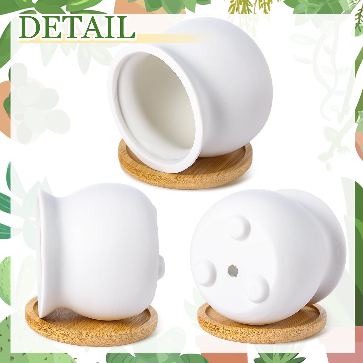 Remerry 18 Pcs 3.5 Inch Mini Succulent Pots with Bamboo Tray White Ceramic Pots Color Your Own DIY Small Planters Containers for Flower Cactus with Drainage Hole for Plant Lover
