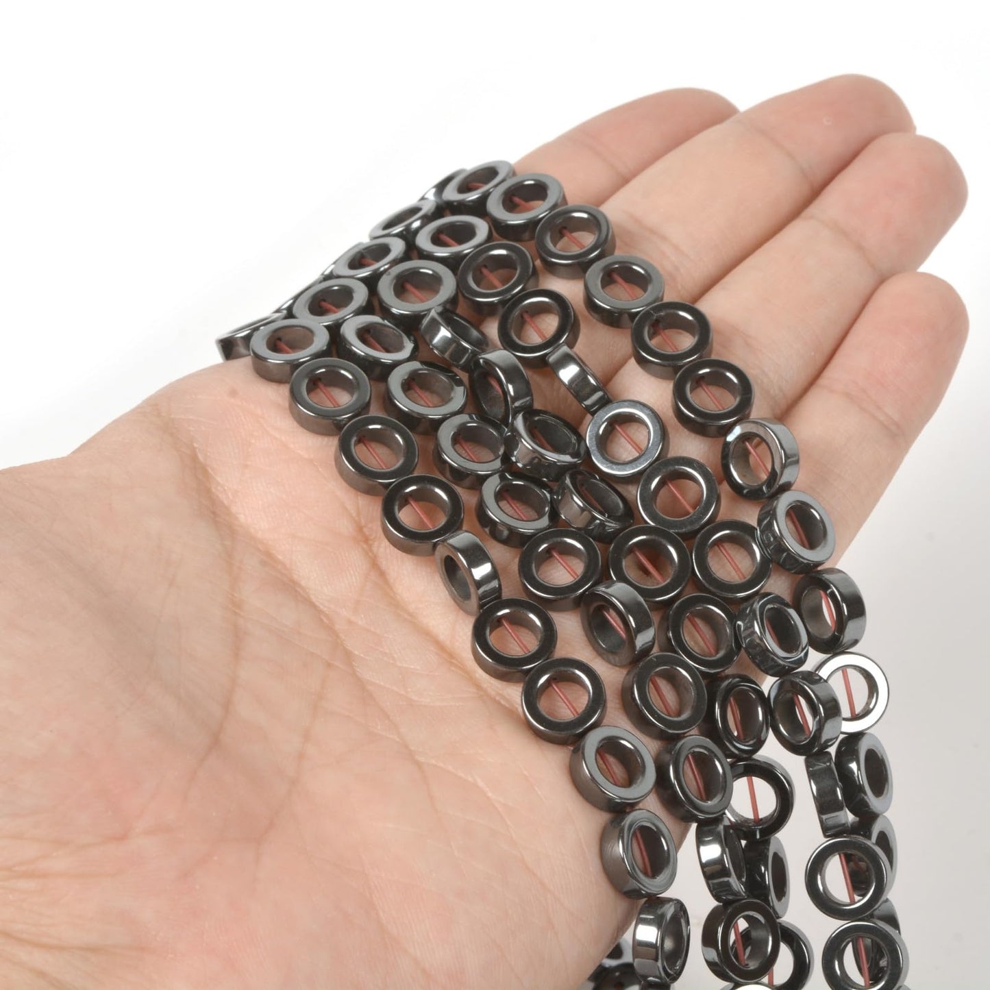 Natural 10mm Hematite Hollow Circle Flat Round Ring Shape Donut Beads Strand 16 Inch for Jewelry Making