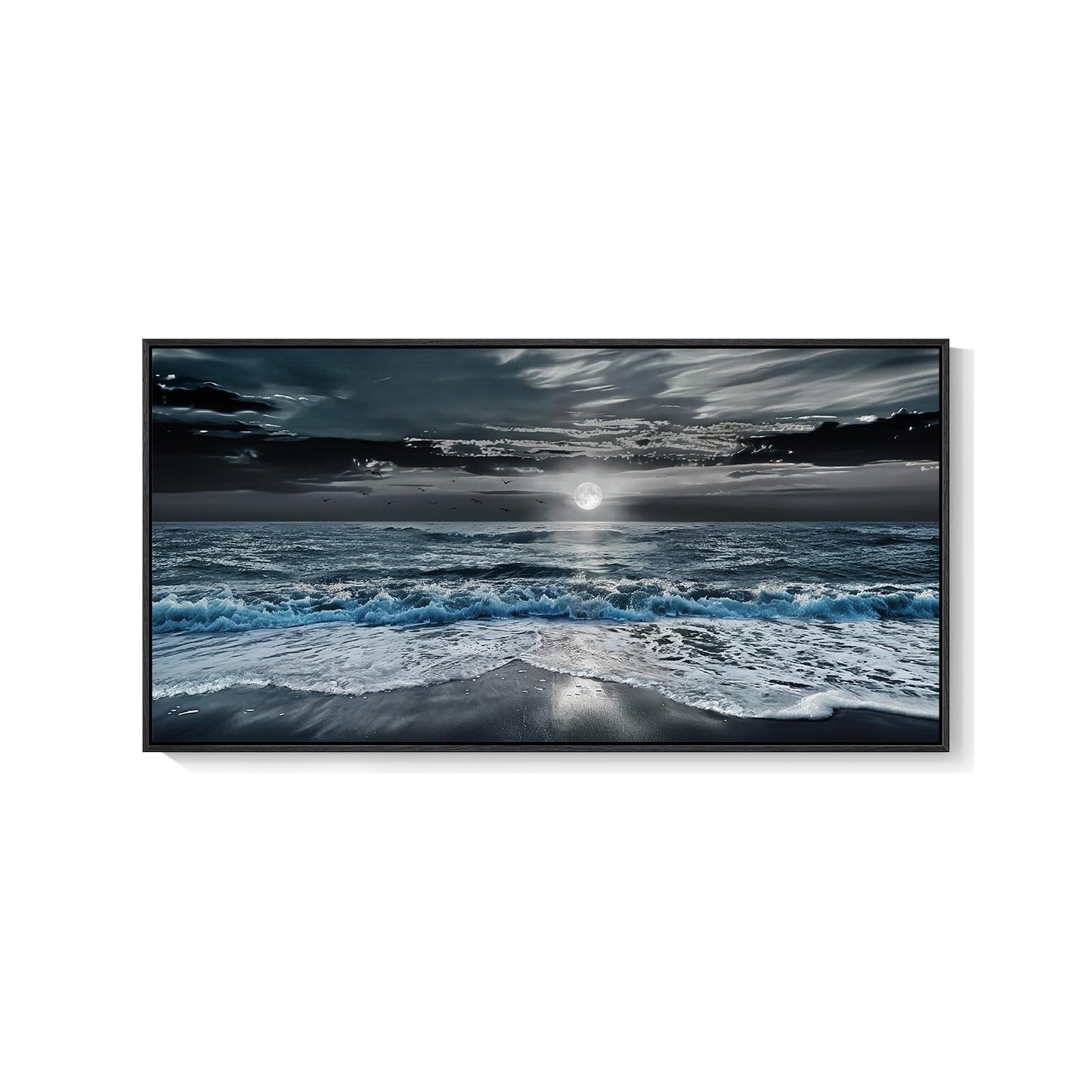 Framed Moonlight Coastal Wall Art for Living Room, Horizontal Blue and Black Beach Ocean Seascape Artwork for Walls, Large Canvas Picture Print for Bedroom Dining Room Office Wall Decor, 24x48 Inch