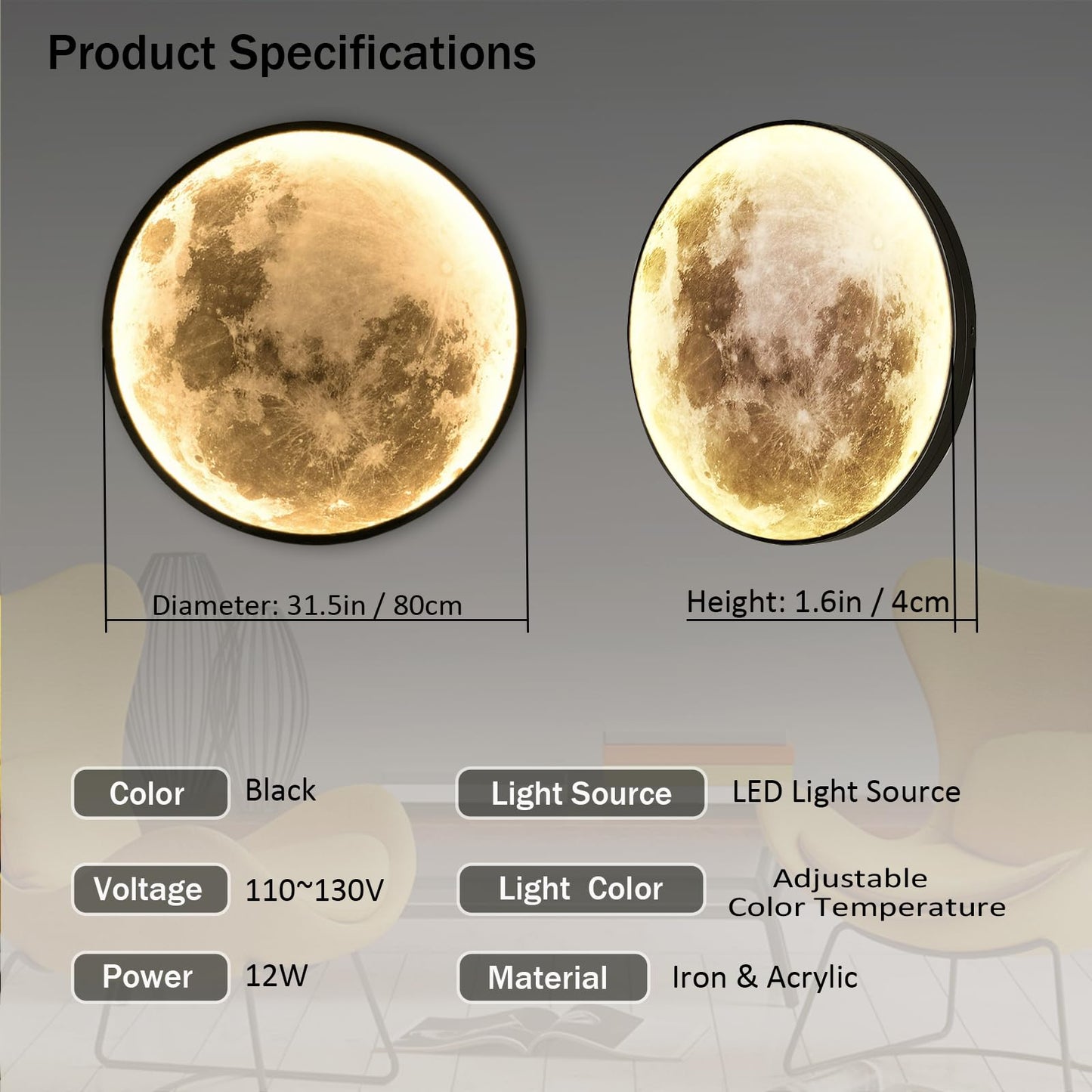 Clcmber Dimmable Moon Wall Light 31.5 Inch Indoor Plug in LED Wall Sconce with Romote Control Black Modern Wall Lamps for Bedroon Living Room Decor Lighted Wall Art