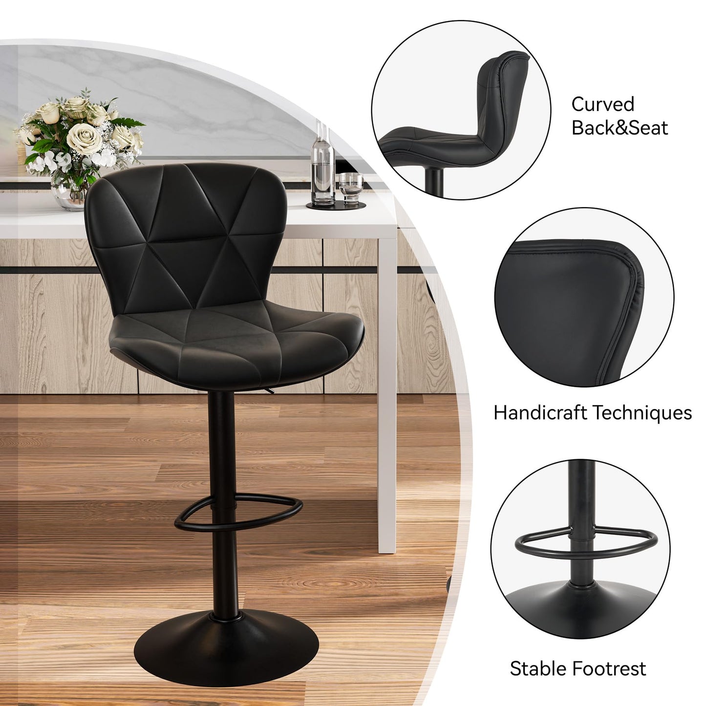 Nalupatio Modern Bar Stools Set of 2, Adjustable Faux Leather Upholstered Swivel Bar Stools, Counter Height Bar Chairs with Back for Kitchen Island, Black