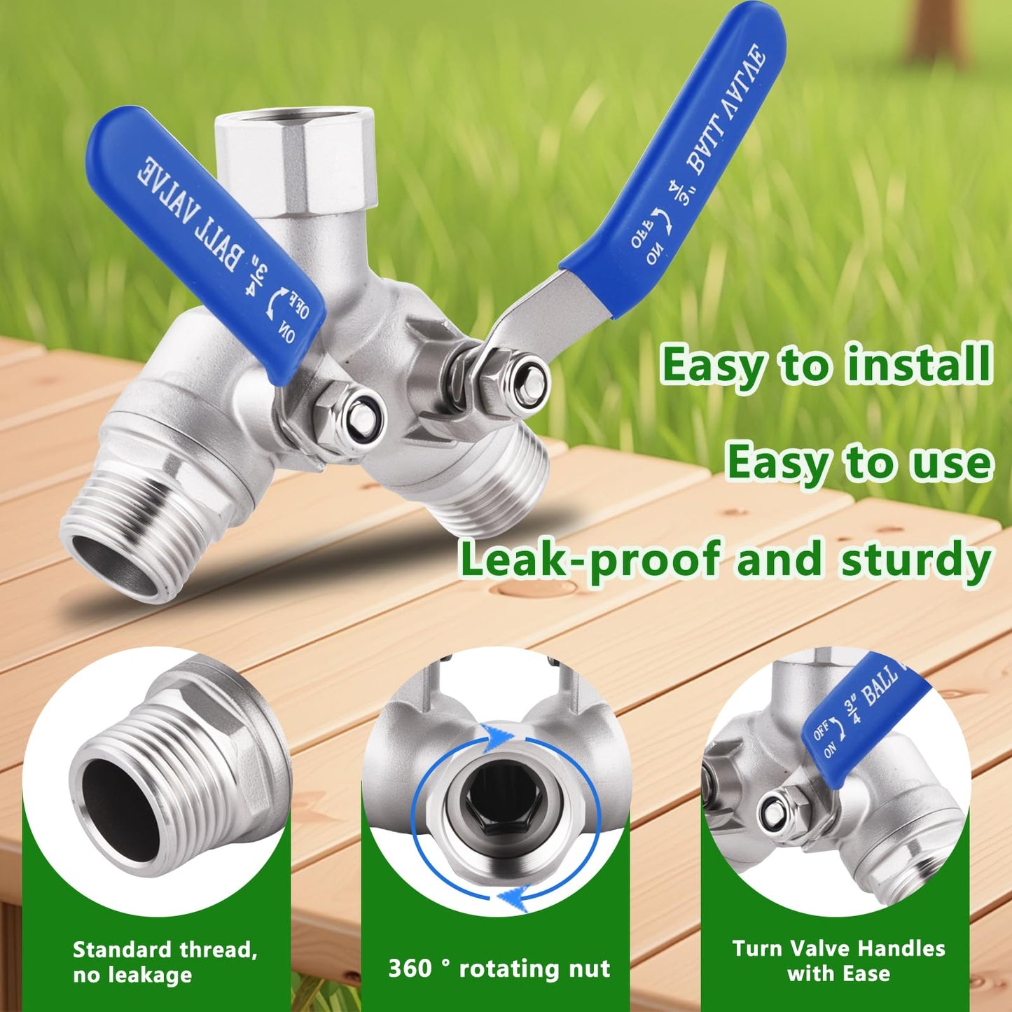 Lead-free Hose Splitter 2 Way Heavy Duty ，304 Stainless Steel Garden Hose Splitter with Long Handle，Outdoor Full Flow Y Valve ，3/4 Inch GHT Thread