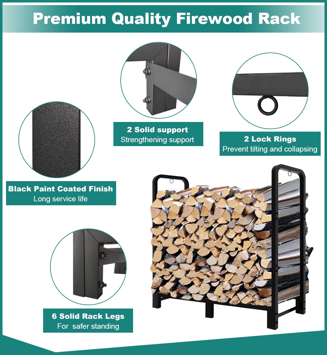 Fandature 4Ft Firewood Rack Adjustable Fireplace Wood Holder for Outdoor Indoor Storage Log - Heavy Duty Fire Log Lumber Stand Stacker, Black