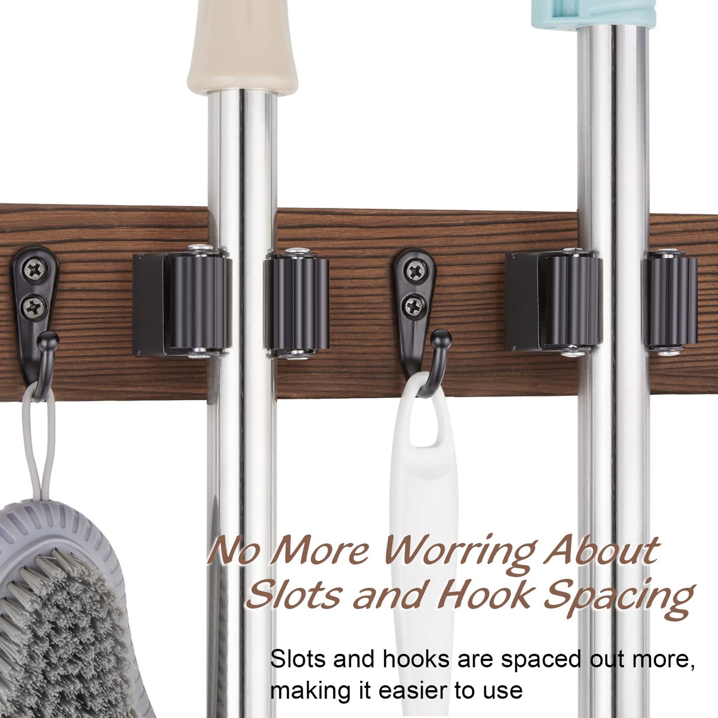 OUTNILI Mop Broom Holder Wall Mount with 3 Slots & 4 Hooks - Wood Broom Mop Hanger for Pantry Kitchen Organization - Garden Tool Organizer for Closet Laundry Room - for Rustic Farmhouse Kitchen Decor