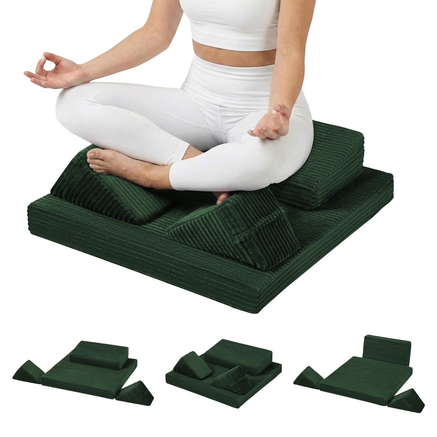 PRIMEPATIO Meditation Cushion Set, Meditation Pillow for Sitting on Floor, Large Yoga Pillow with Knee Support, Washable Zafu Meditation Mat, 3 Shapes Floor Pillow for Adults, Green