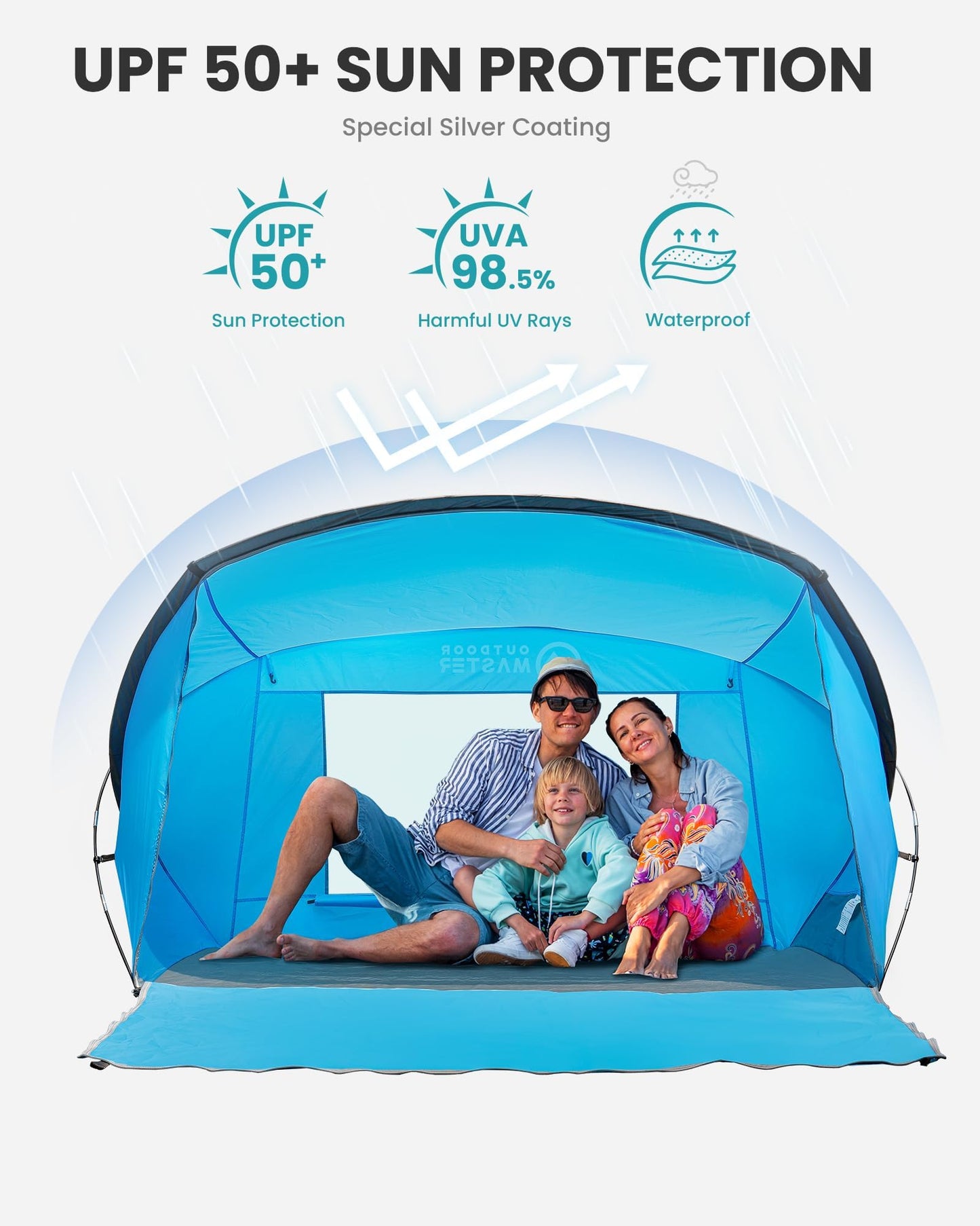OutdoorMaster Updated Beach Tent for 3-4 Person - Easy Setup and Portable Beach Shade Sun Shelter Canopy with UPF 50+ UV Protection Removable Skylight Family Size -Sky Blue