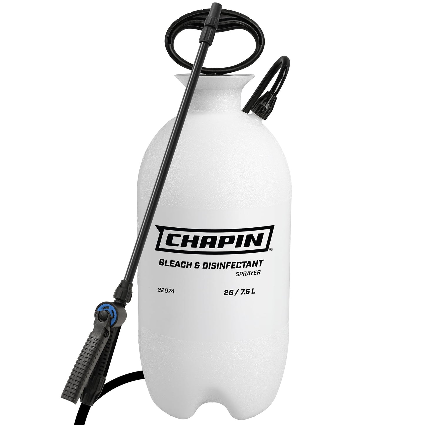 Chapin 22074 Bleach Pump Sprayer, 2‑Gallon, Lawn & Garden, Bleach‑Resistant Poly Tank, Funnel‑Top, Anti‑Clog Filter, Adjustable Cone Nozzle, 40" Hose for Cleaning, Mold & Disinfecting Applications
