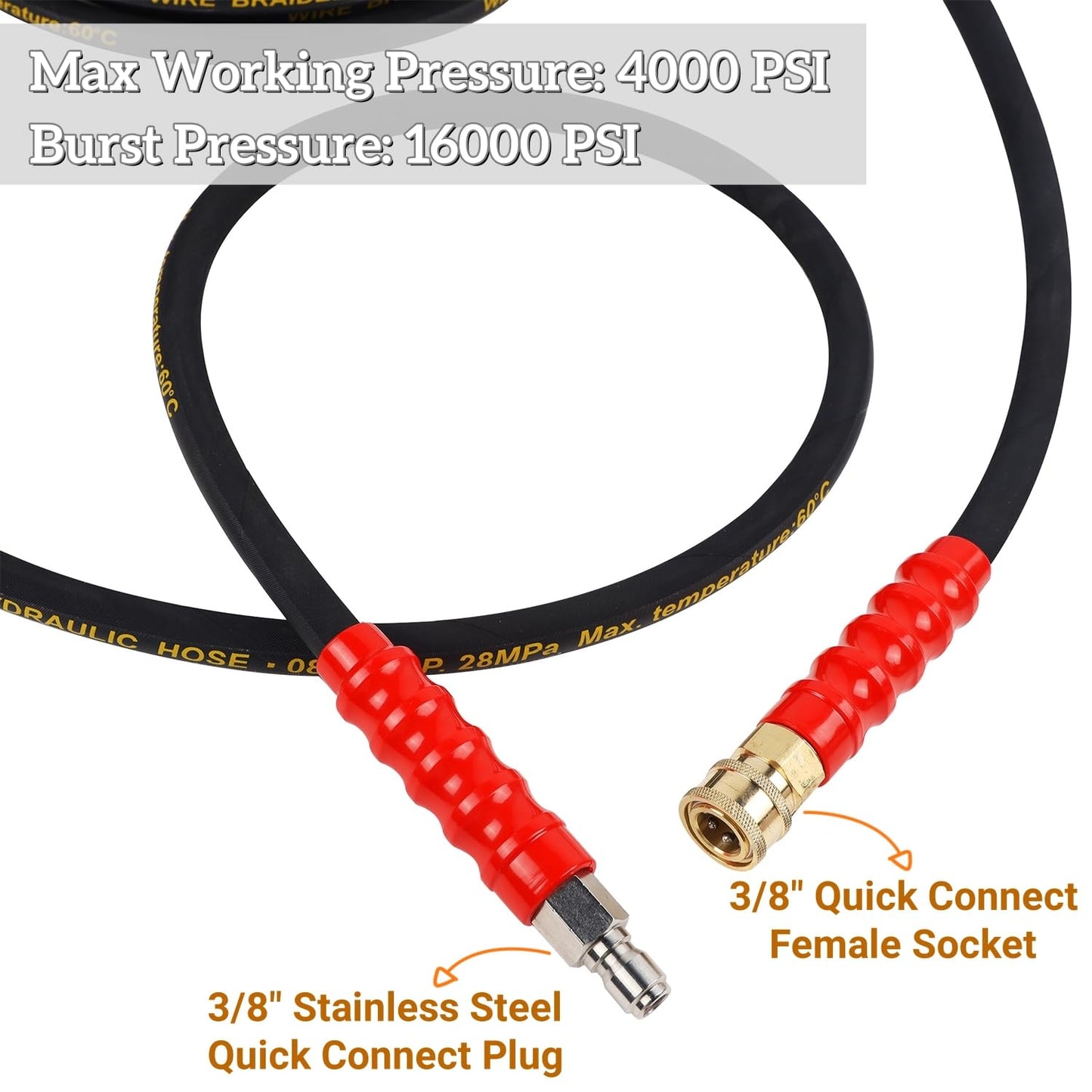 Biswing Pressure Washer Hose 50FT with 3/8 Inch Quick Connect, High Tensile Wire Braided Power Washer Hose, Kink Proof Extension Hose for Cars Floors Swimming Pool Washing, 4000 PSI