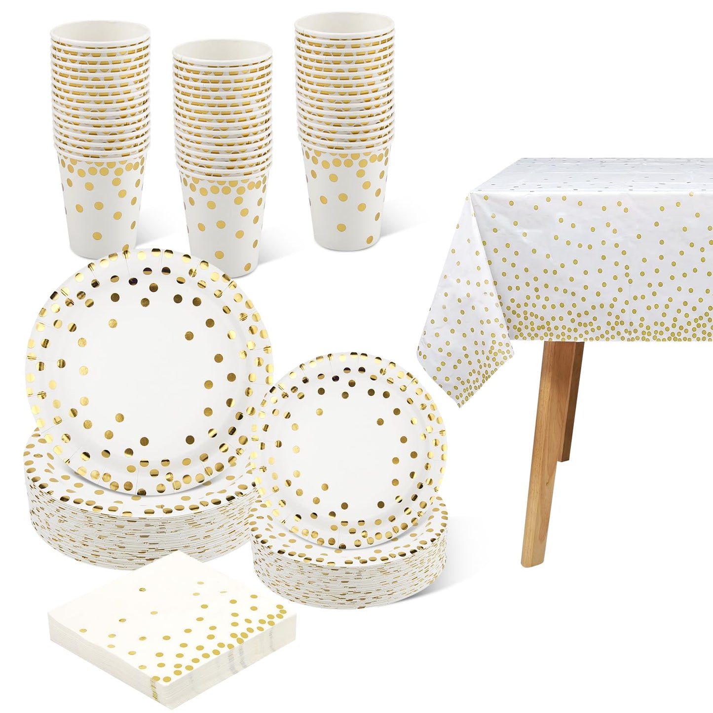 hapray 201 PCS Disposable Paper Plates Gold Party Supplies, Golden Polka Dots Birthday and Baptism Decorations, include Plates and Cups, Napkins, Plastic Tablecloth for Baby Shower Wedding Christmas