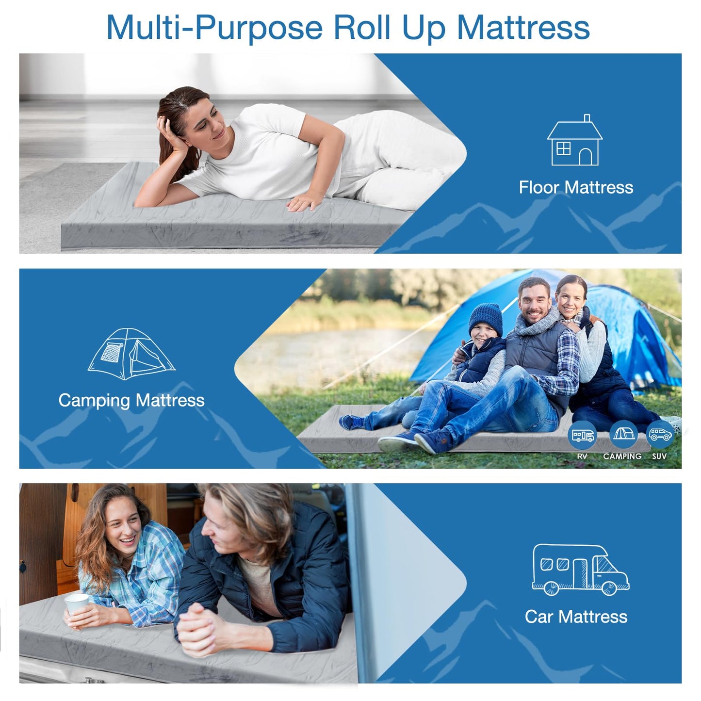 KingChii CertiPUR-US Memory Foam Camping Mattress, Portable Roll Up Travel & Car Mattress Sleeping Pad, Cot & Guest Bed for Sleepover with Waterproof Cover & Travel Bag