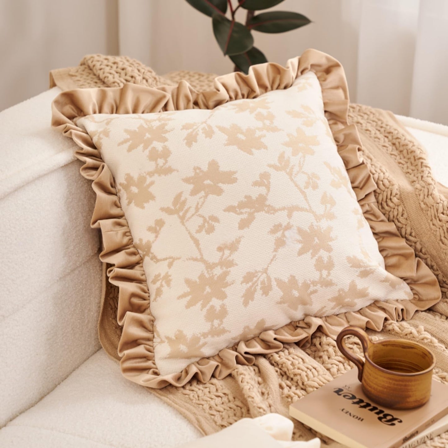Avigers Square Design Jacquard Throw Pillow Covers Pack of 2, Embroidery Craft Soft Velvet Cushion Cover Pillowcase for Bed,Living Room,Outdoor,Car (Khaki, 20"x20")
