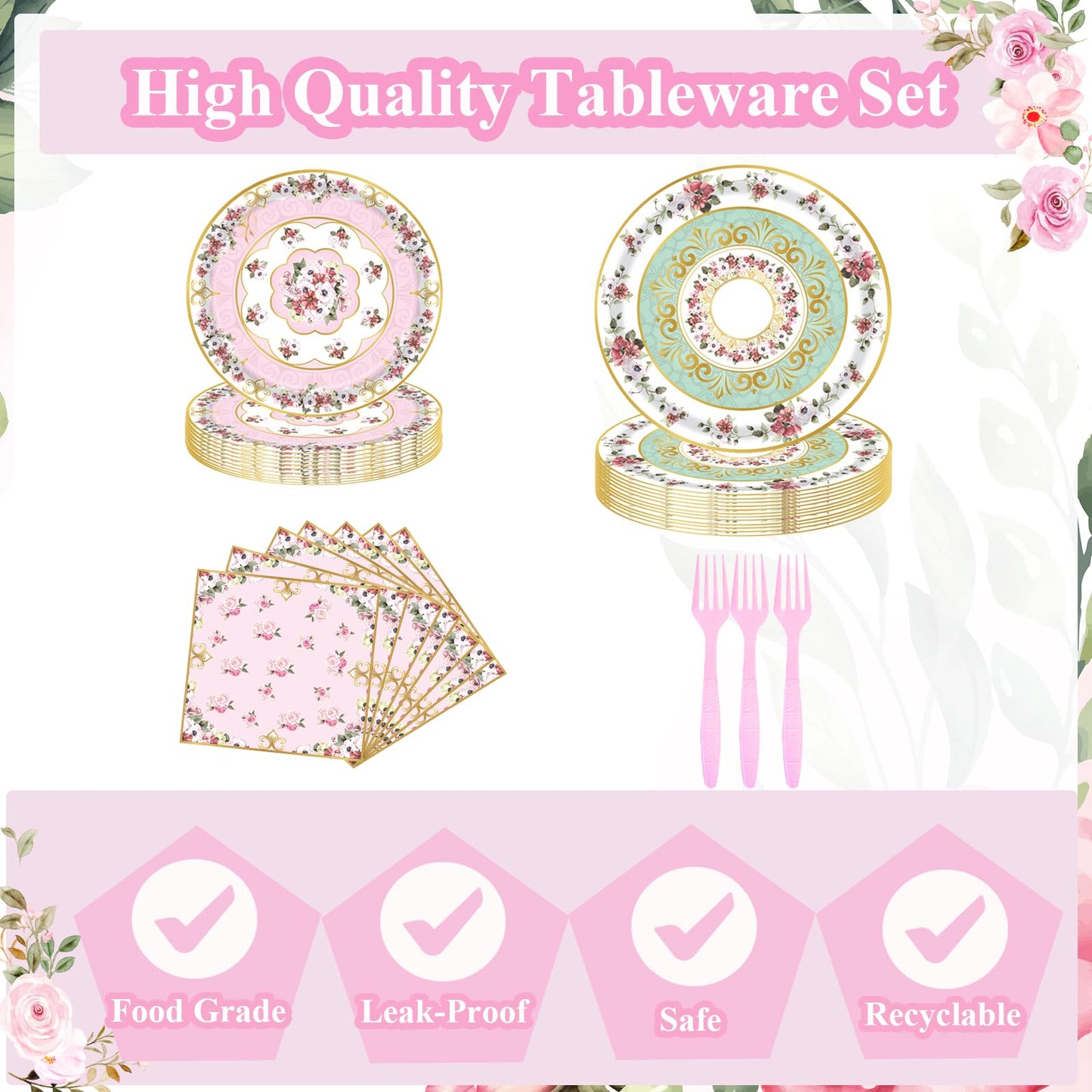 Fyeoxle 96pcs Floral Party Supplies Flower Paper Plates and Napkins Tableware Set for 24 Guest Floral Party Disposable Paper Dinner Plates Napkins Forks for Birthday Bridal Shower Tea Party Supplies