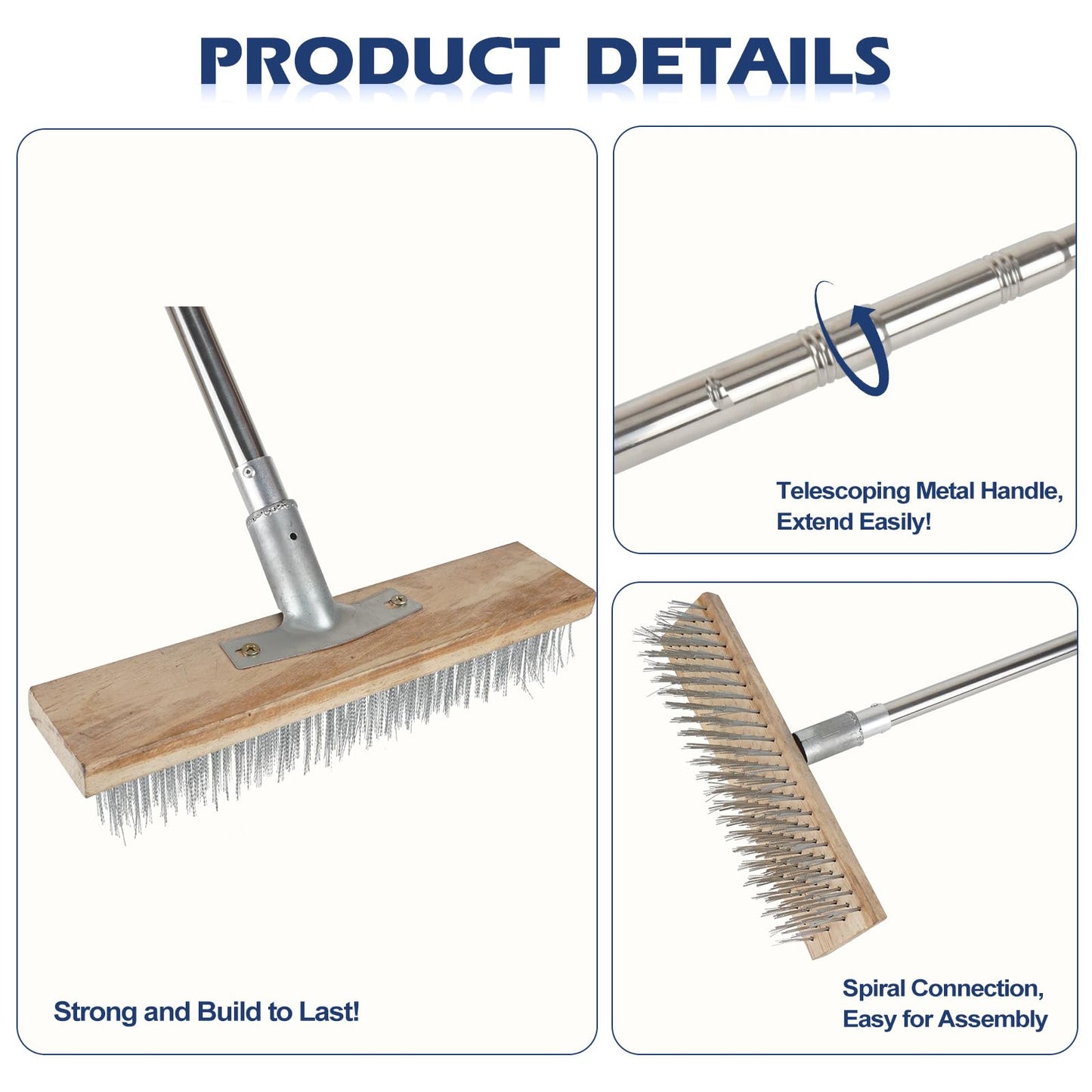 ROLKAR Floor Scrub Brush, Deck Brushes for Scrubbing Heavy Duty, Concrete Scrubber Outdoor Broom, Metal Wire Pool Brush Stainless Steel, Garage Patio Gunite Tile Algae Moss Cleaning Tool Long Handle