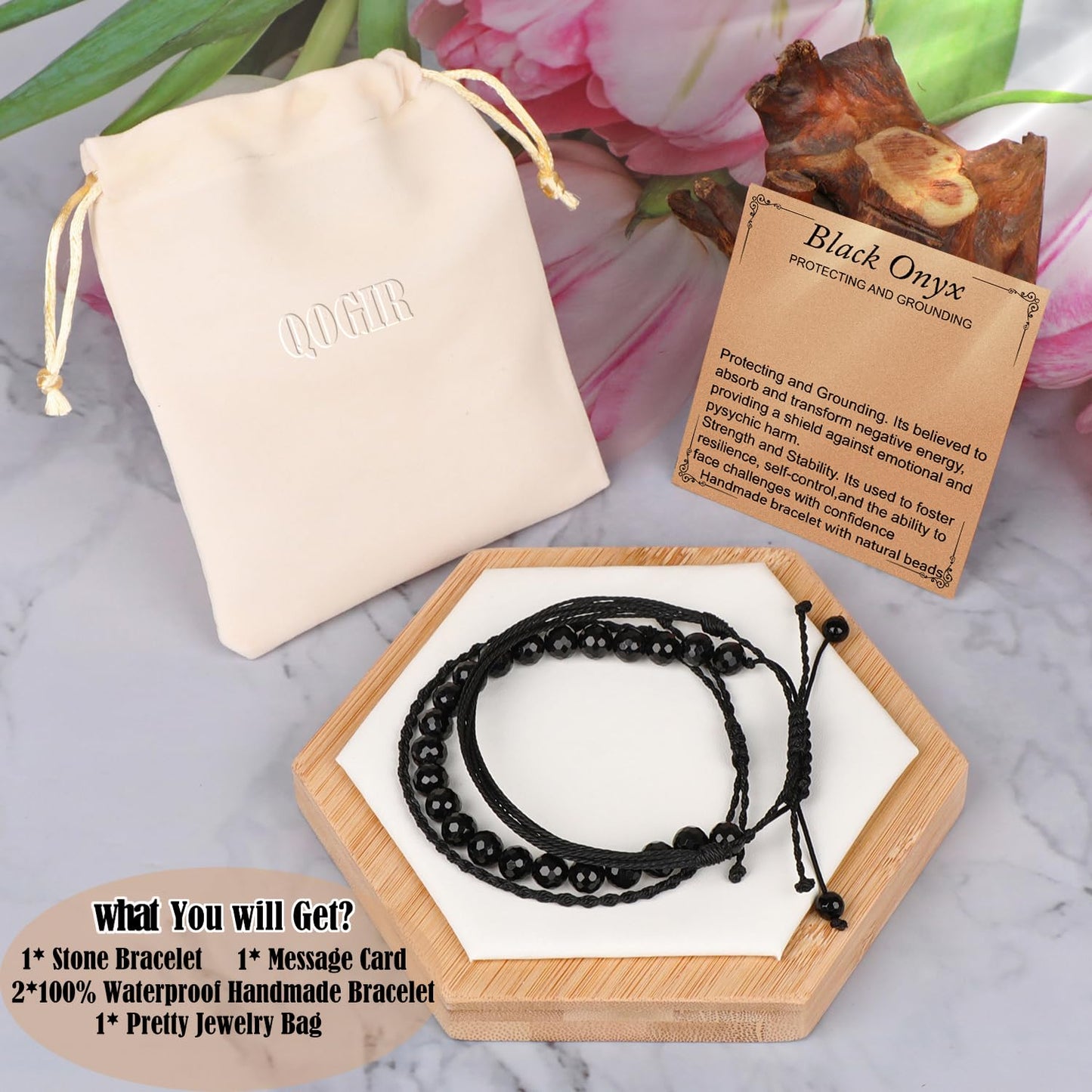 QOGIR Handmade Healing Bracelets,8mm Natural Faceted Black Onyx Gem Stone Beads Bracelet for Men Women Gifts with 2PCS Size Adjustable Rope Bracelets