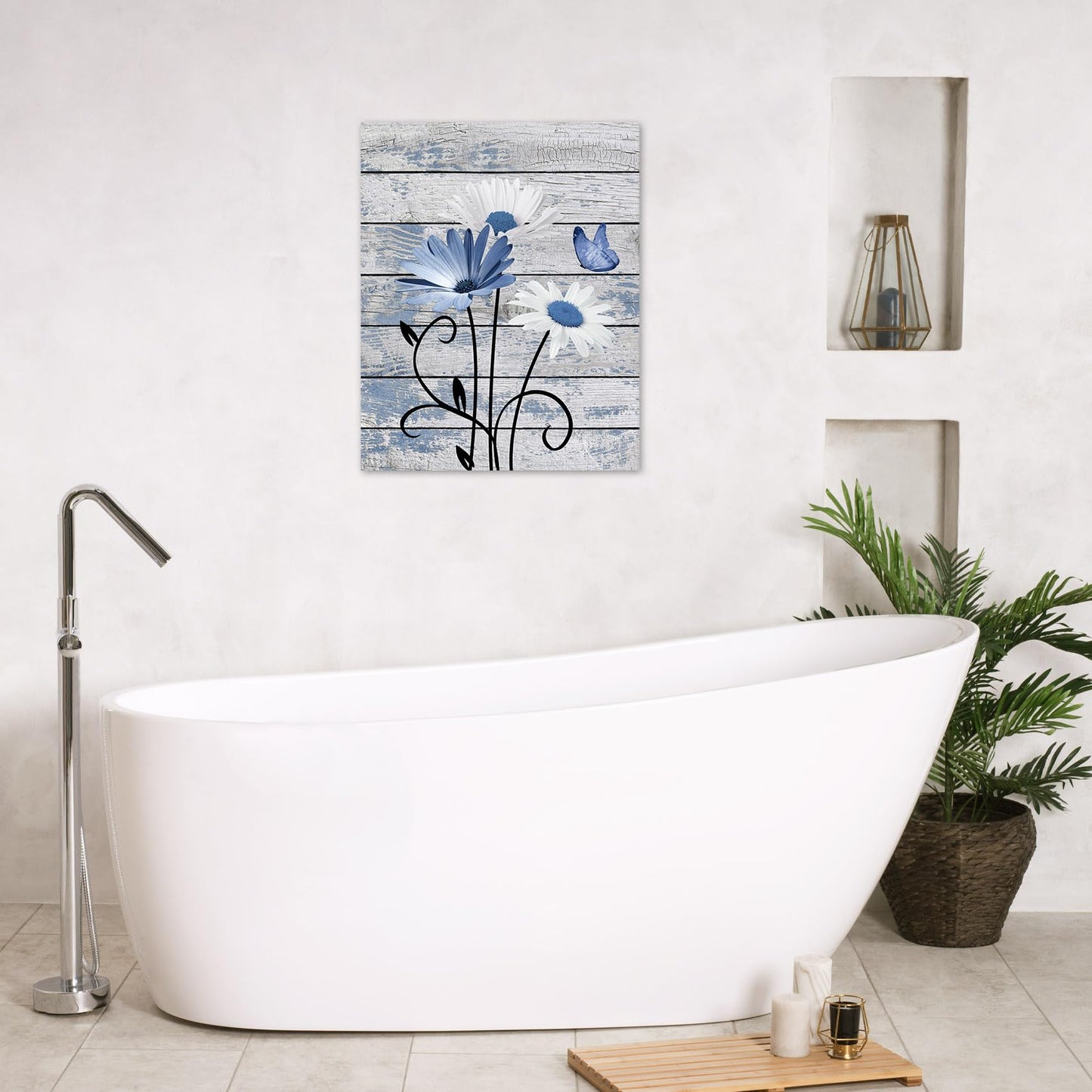 HVEST Farmhouse Floral Wall Art for Living Room, Blue and White Daisy Flower and Butterfly on Rustic Wood Board Canvas Wall Art Framed Artwork Ready to Hang for Bathroom Bedroom Decor, 16L X 12W