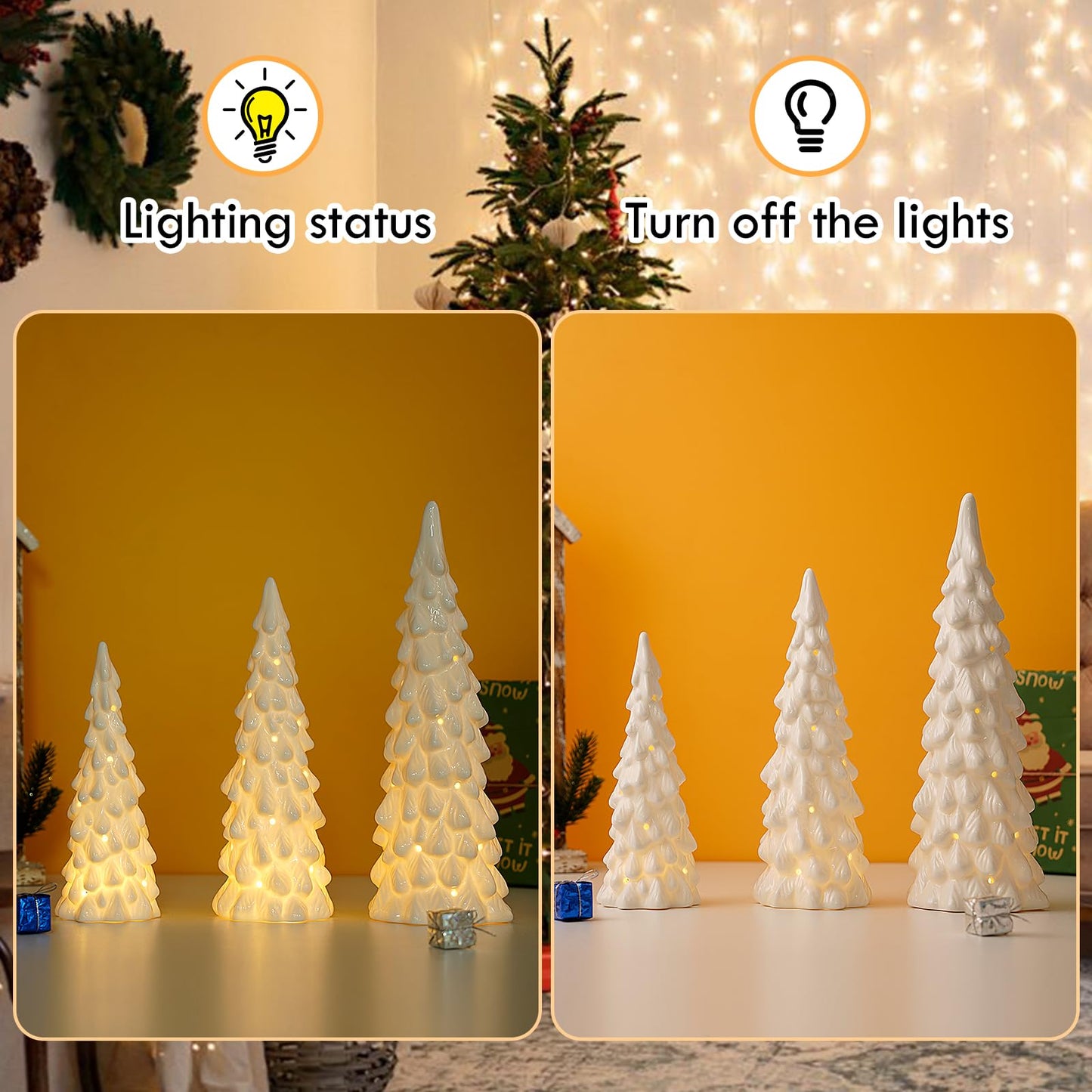 Luxstyra 3 Pcs White Ceramic Christmas Trees with Lights, Table Top Christmas Decor, Porcelain Tree Figurine with Timer, Small Ceramic Christmas Trees Set, White Tabletop Christmas Tree for Mantel