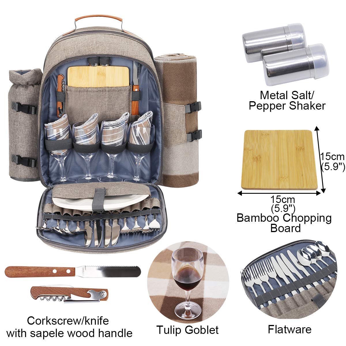 Sunflora Picnic Backpack for 4 Person Set Pack with Insulated Waterproof Pouch for Family Outdoor Camping (Brush Beige)