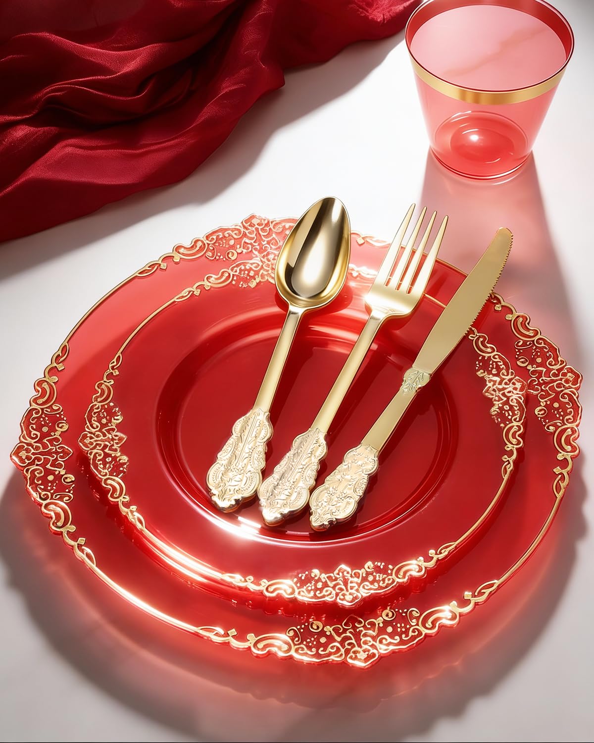 Goodluck 350 Piece Red Dinnerware Set for 50 Guests, Fancy Disposable Plates, Include: 100 Gold Rim Plastic Plates, 150 Silverwares, 50 Pre Rolled Napkins, 50 Cups for Party, Wedding