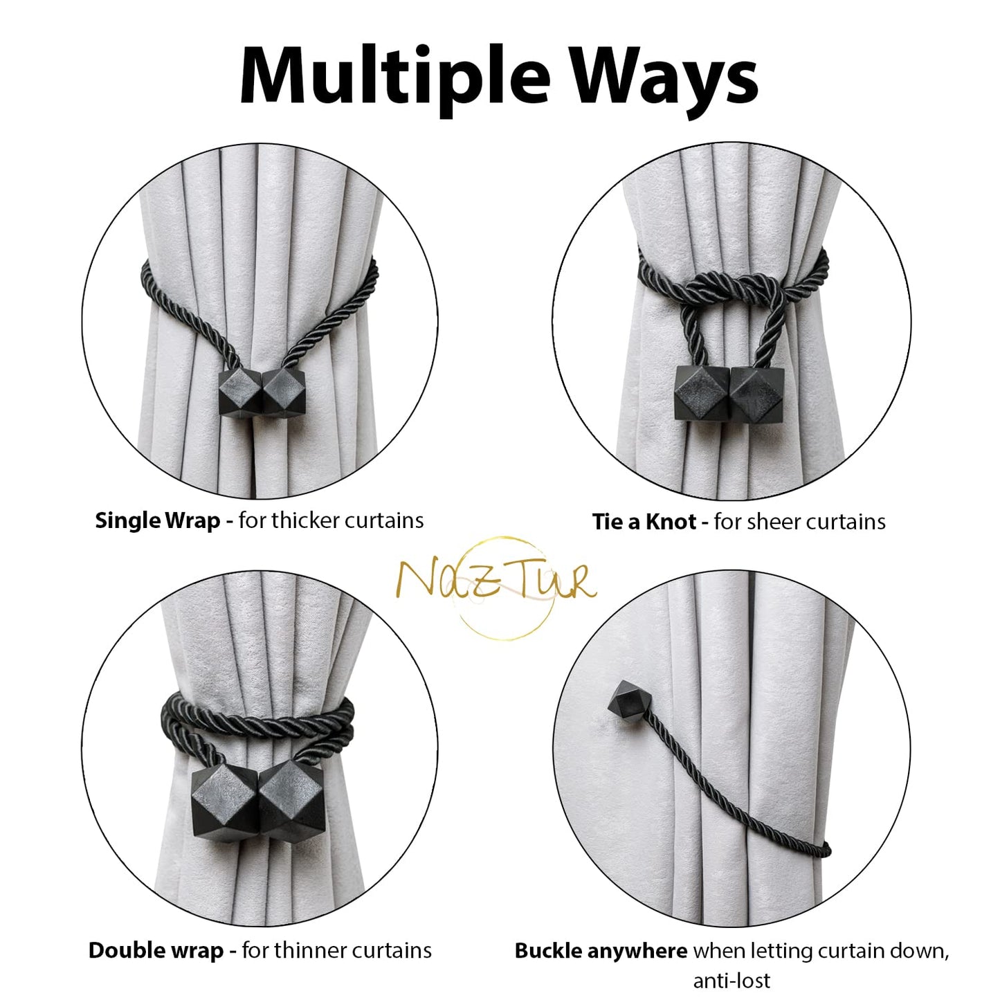 NazTur Magnetic Curtain Tiebacks- Upgrade 2022 with a Thicker Twist Rope & Strong Magnet Tieback Window Treatment Holdbacks Draperies Holders Decorative Drape Handmade Tie Back (Black, 2)