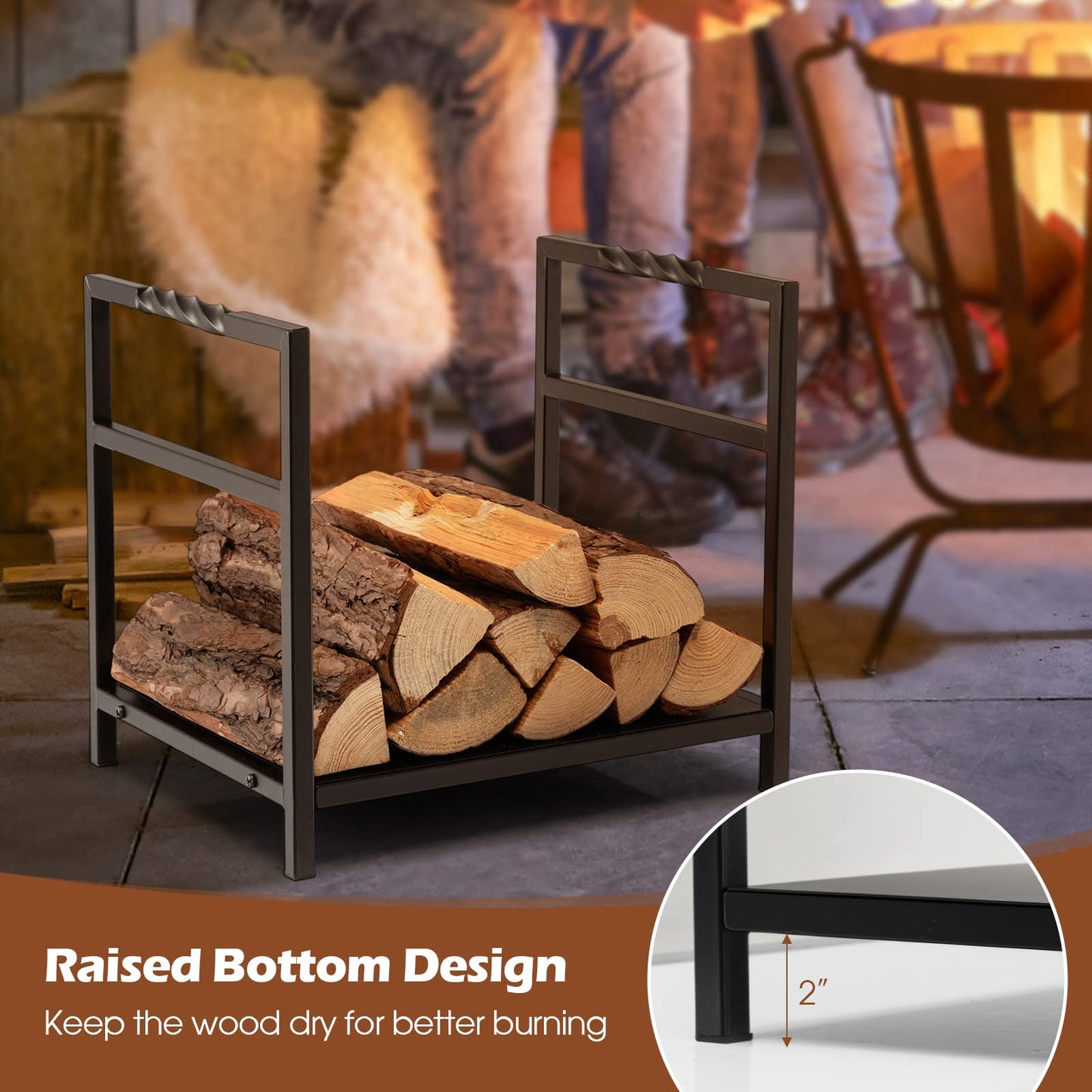 Tangkula Firewood Log Rack, Heavy Duty Firewood Holder with Unique Handle and Raised Feet, Firewood Storage Holder for Fireplace, Stove, Fire Pit, Easy Assembly, Black