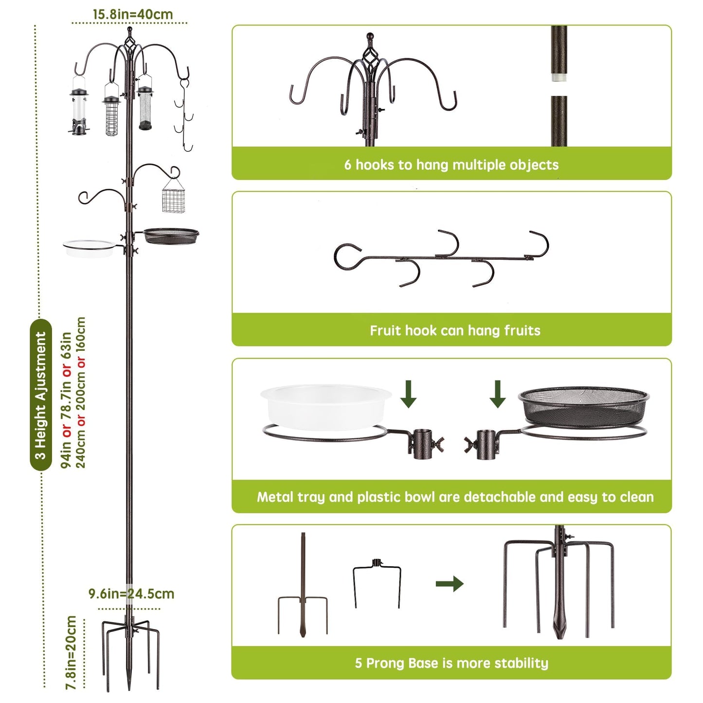 Bird Feeder Station with Suet Cage & Water Bowl Fruit Hook- Adjustable Pole, 6 Hanging Hooks for Wild Birds, Outdoor Garden Bird Feeding Kit