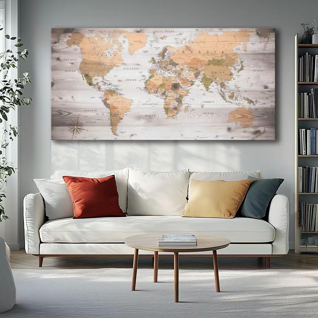 Large Wall Art grey map of The World Painting Ready to Hang 29"x58"Large Framed Wall Art World Map Canvas Map Decorations Artwork Prints