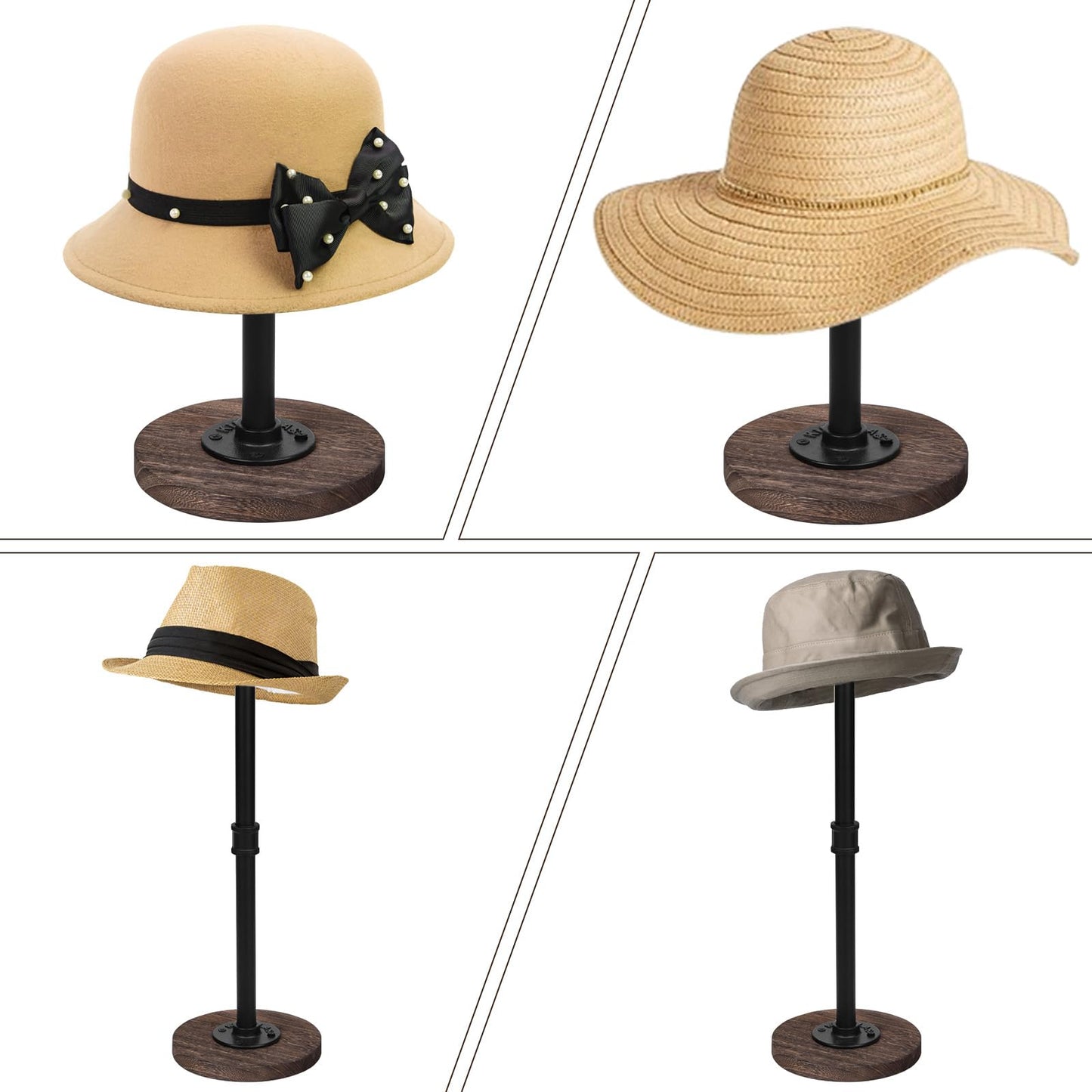 Vrietina 2 Pcs Tabletop Hat Stand Cap with Height Adjustment, Industrial Metal Pipe Rustic Burnt Wood Hat Rack, Wig Rack or Jewelry Display Riser