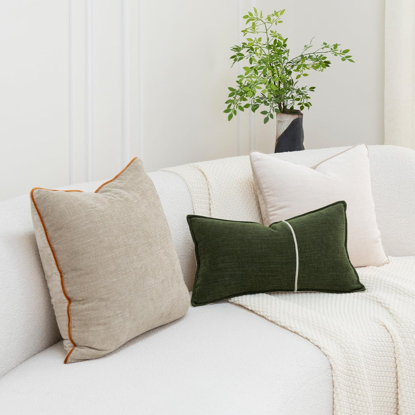 MATTINS Apricot Yellow Cotton Throw Pillow Covers 18x18 Set of 2, Solid Decorative Pillow Covers with Soft Chenille Texture and Velvet Back, Neutral Farmhouse Cushion Covers for Couch Sofa Bedroom