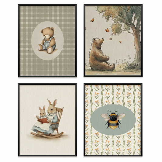VONTP Vintage Animal Nursery Kids Wall Art Decor, Farmhouse Bee Bear Bunny Nursery Prints Poster Wall Decorations for Kids Girls Boys Toddler Room Bedroom Playroom, 8x10 Inch Set of 4 (Unframed)